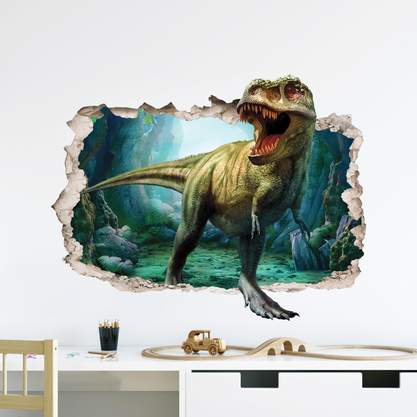 Supzone Large 3D Broken Dinosaur Wall Decals for Boys Room, Break Through The Wall Vinyl Wall Sticker for for Kids Bedroom Nursery Playroom Classroom