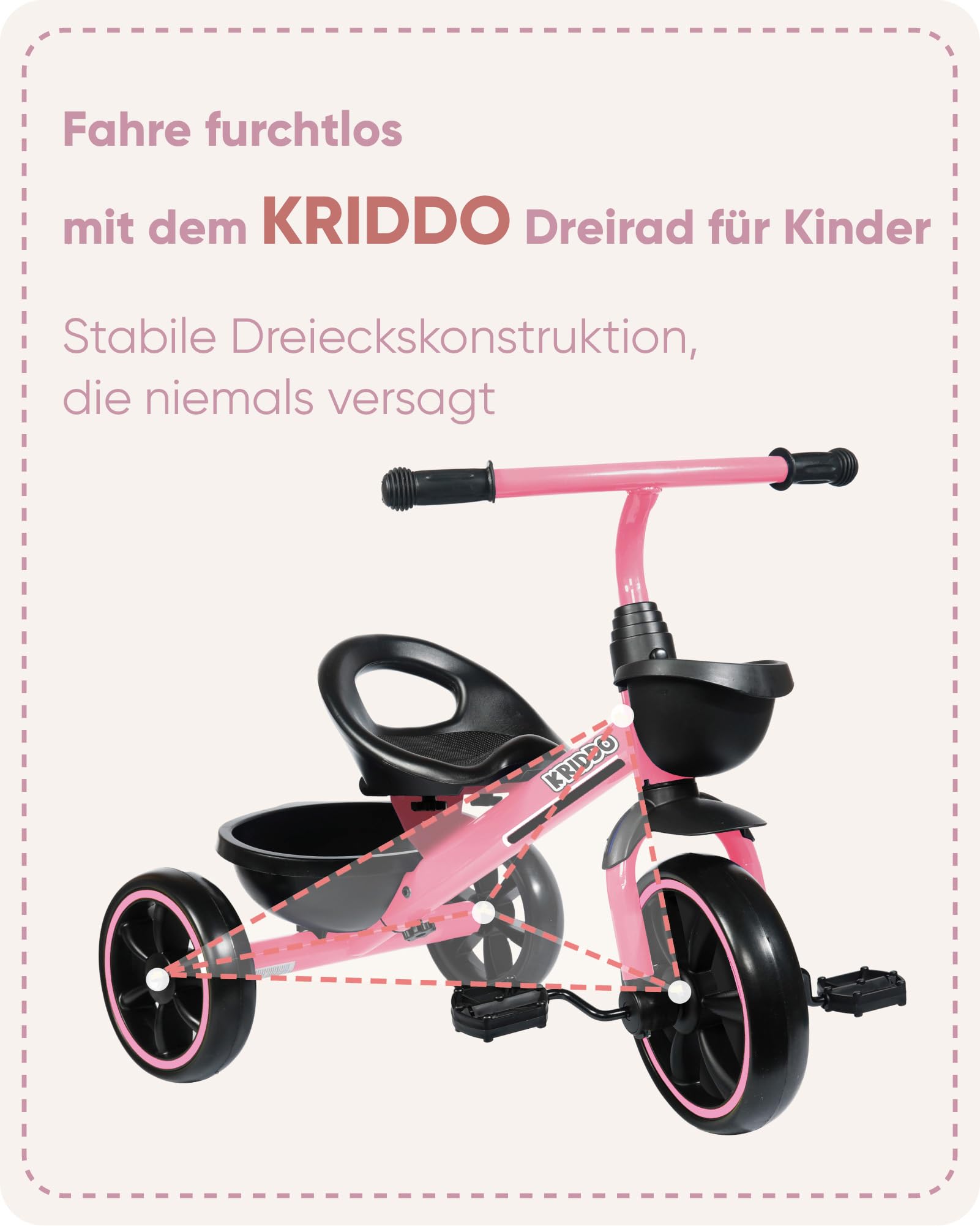 KRIDDO Dreirad ab 2 Jahre, Dreirad für Kinder von 24 Monate bis 5 Jahre, Kinderdreirad Lauflernhilfe, Geschenk für Kleinkinder von 2-4 Jahren, Dreiräder, Rosa