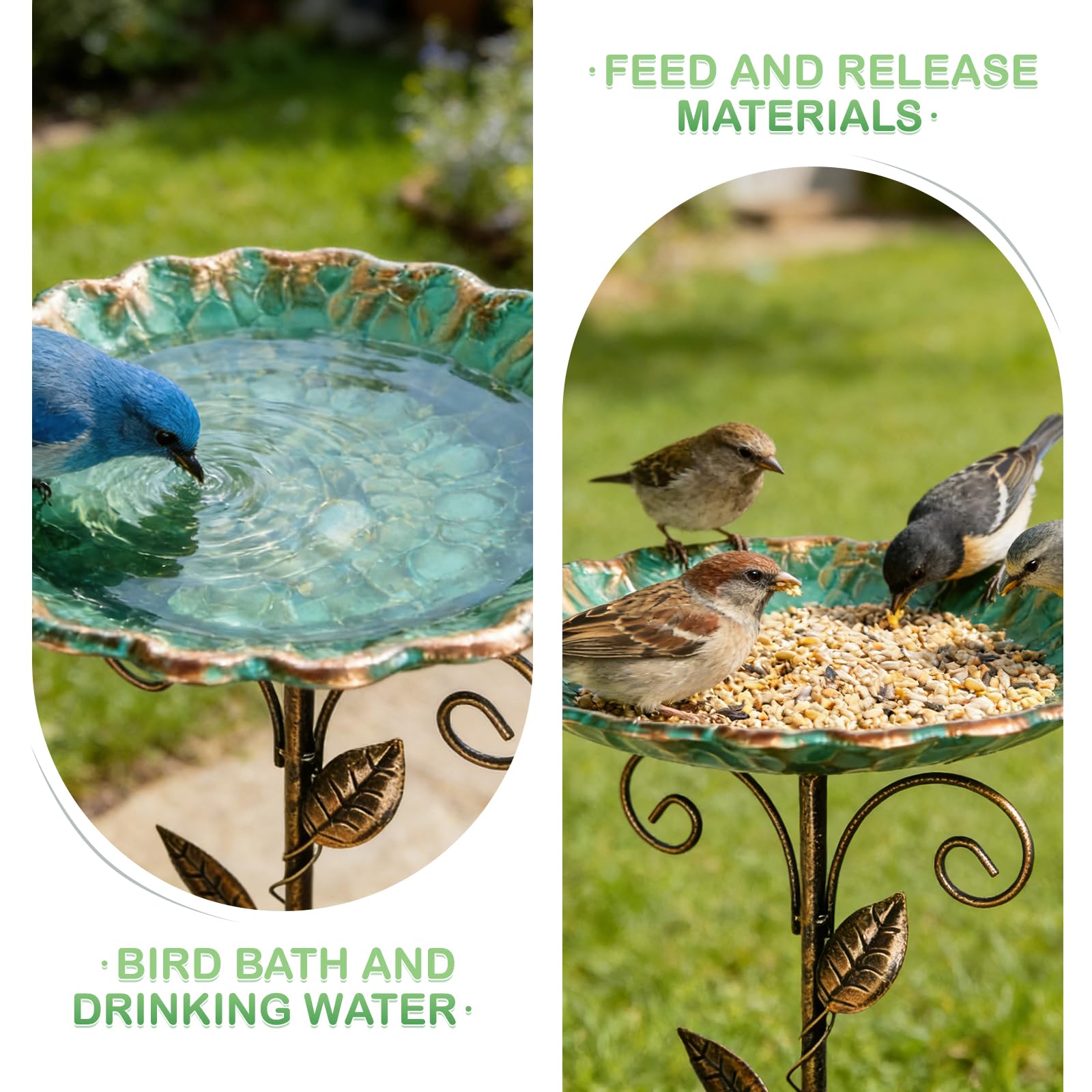 GOMETY Bebedero para pájaros de pie, para jardín, resistente al invierno, de metal, resistente a las heladas, para exteriores, 2 en 1, bebedero para pájaros y comedero para aves silvestres, 77 cm