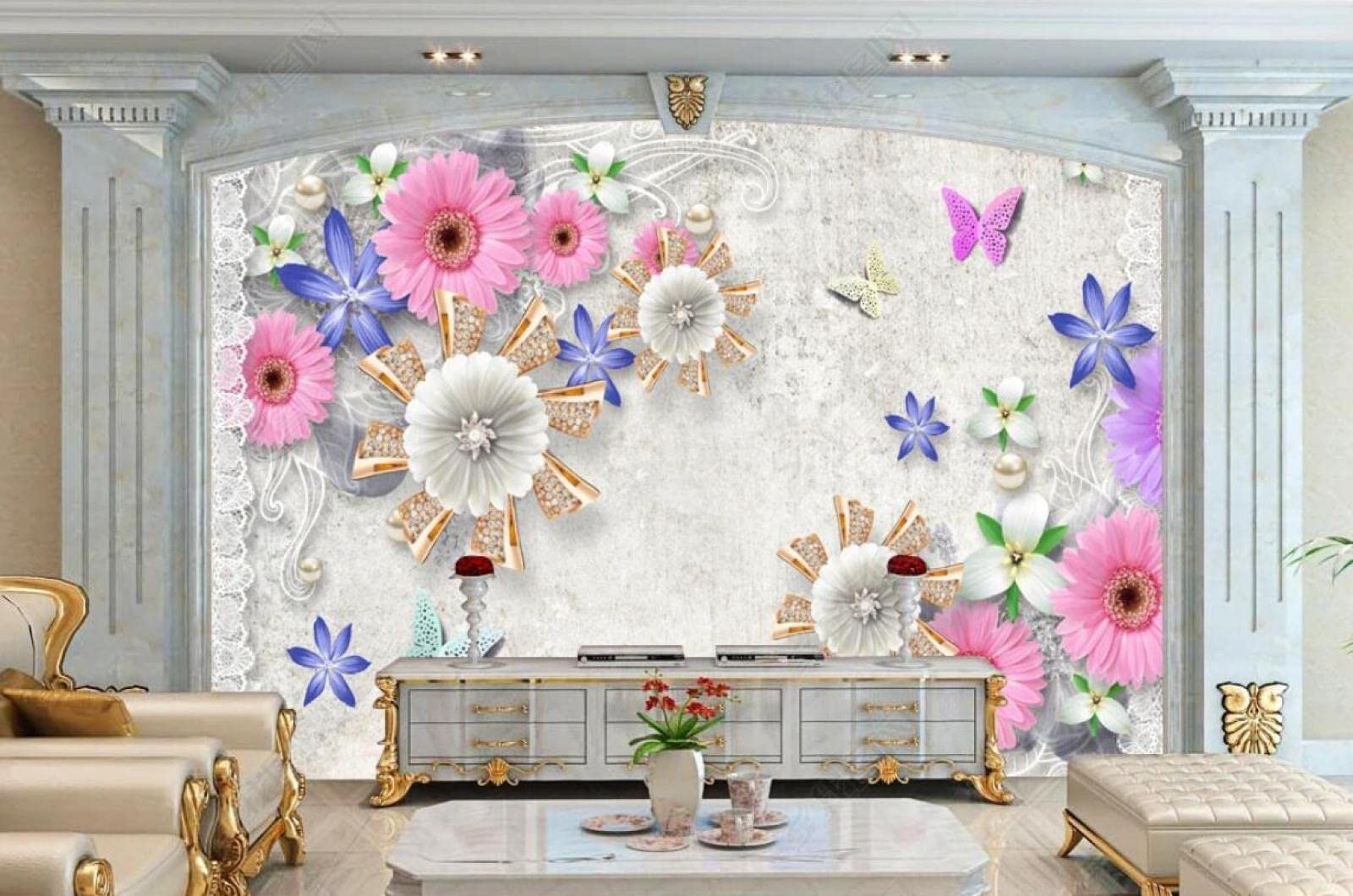 Papier peint panoramique papillon pour agrandir une petite pièce avec une décoration florale 3D