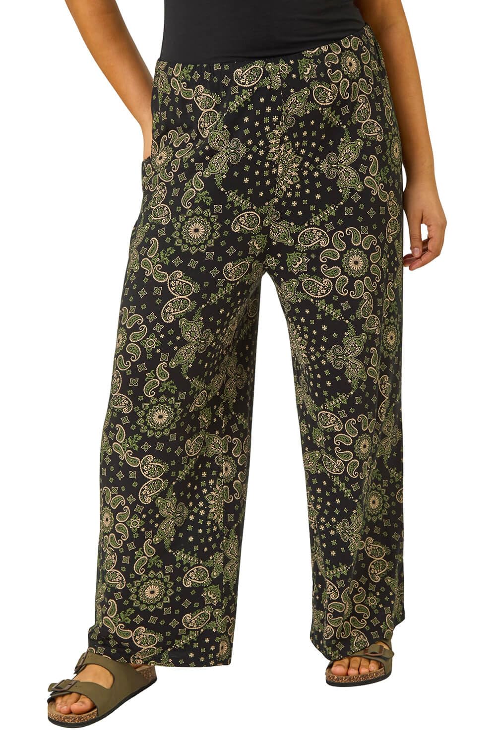 Roman Curve Abstract Spot Print Palazzo Trouser for Women UK - Ladies Everyday Holiday Spring Summer Comfy Soft Evening Vacation Work Party - Khaki Plus - Size 2224