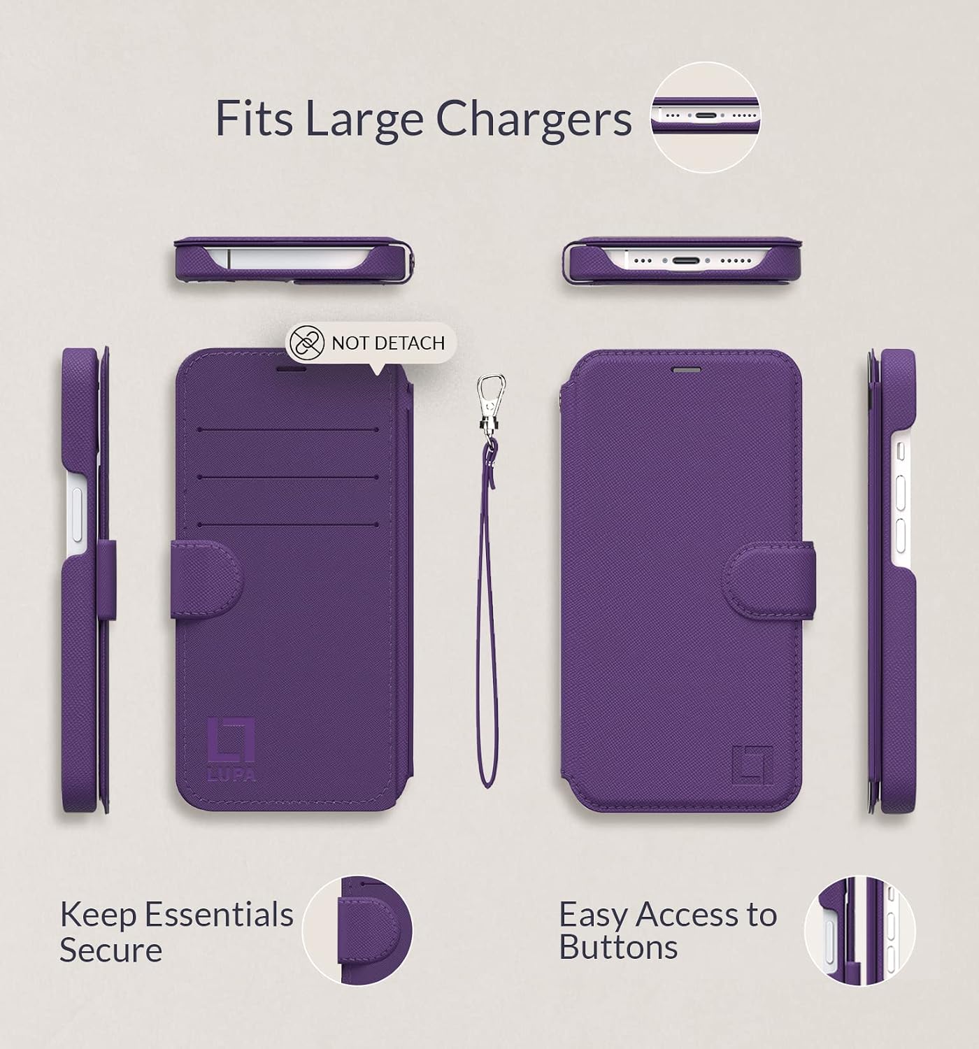 LUPA Legacy for iPhone 16 Pro Wallet Case, Ultra Slim & Protective, Shockproof, Credit Card Holder, Wireless Charging Compatible, Premium Vegan Leather, Folio Cover (6.3"), with Wristlet, Purple
