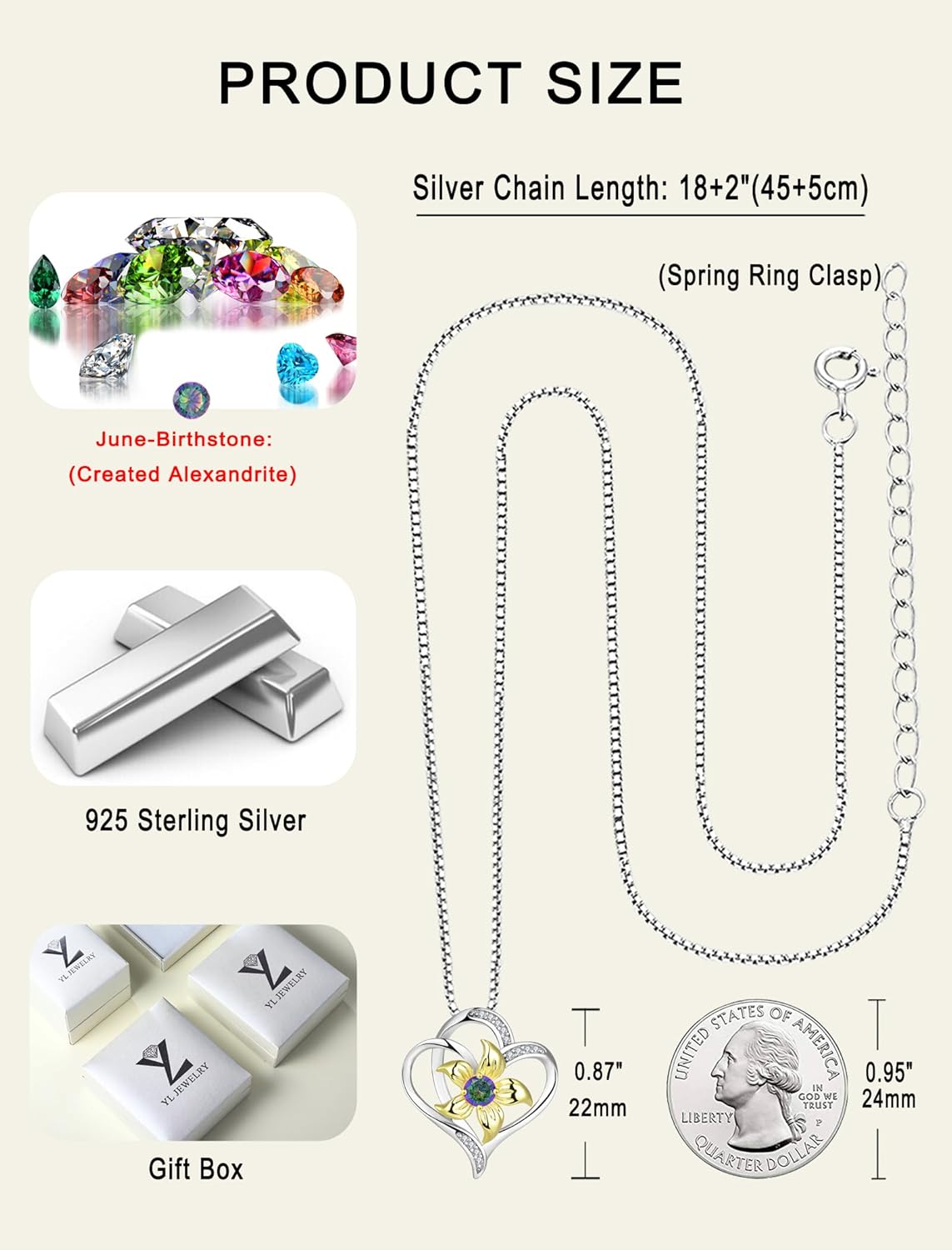 YL Women's Heart Necklace 925 Sterling Silver Lily Flower Love Pendant Birthstone Jewelry - Image 6