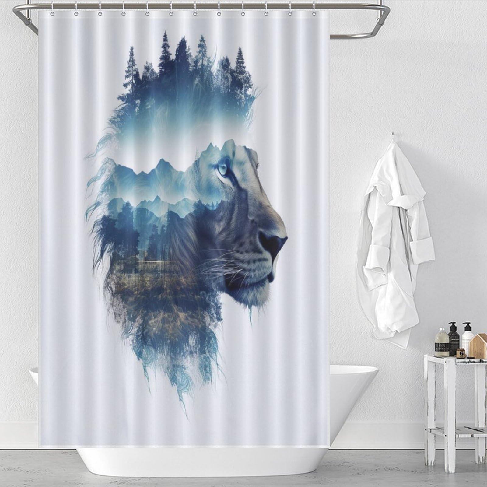 Rideau de douche lion tissu polyester imperméable 122x183cm avec crochets baignoire