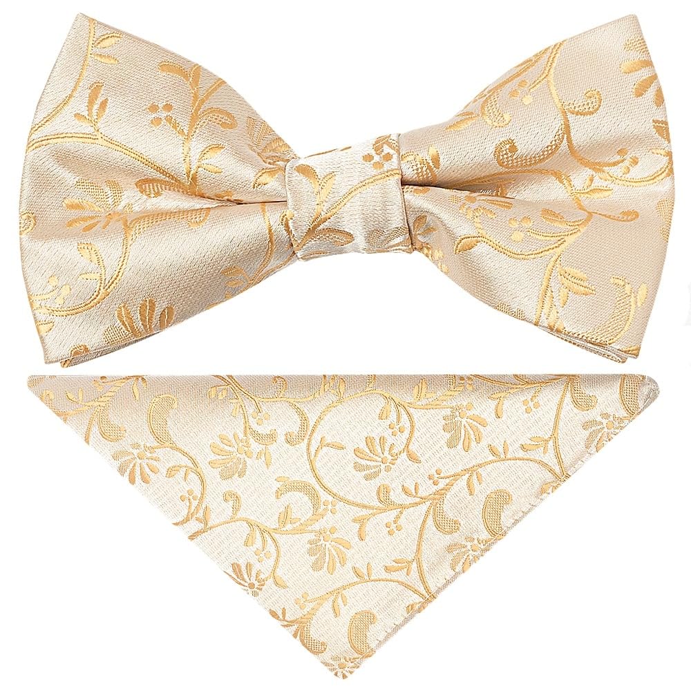 TIES R US Caramel Floral Handmade Mens Bow Tie and Pocket Square Set