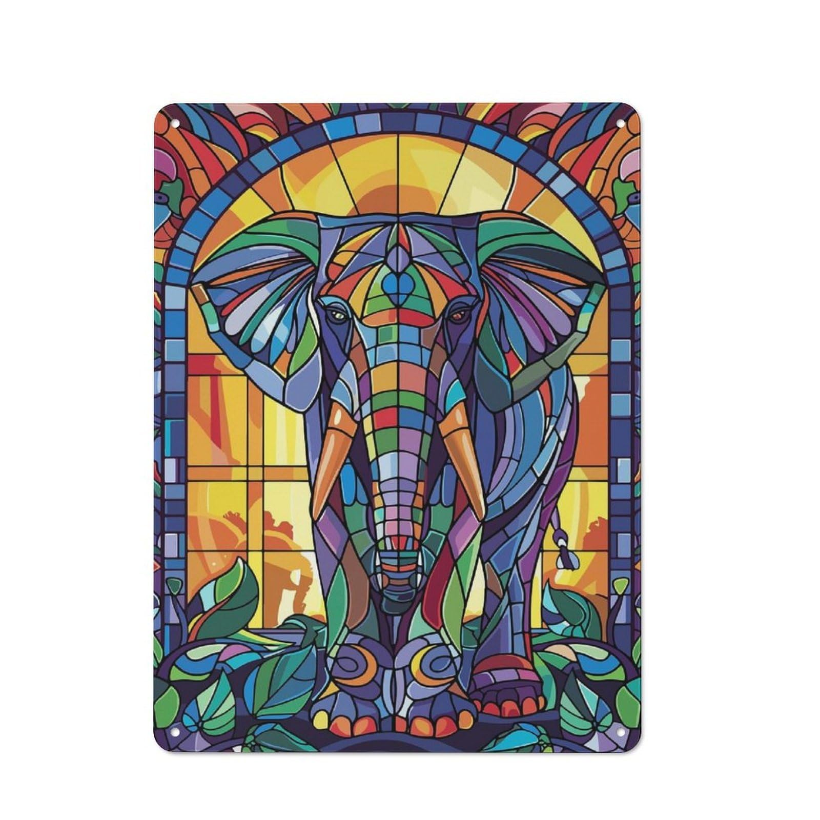Junmoney Style-24 40X30cm Retro Metal Sign With Stained Glass Elephant Art For Living Room Or Hallway, For Living Room Decor Lovers Refreshing A Room In Autumn