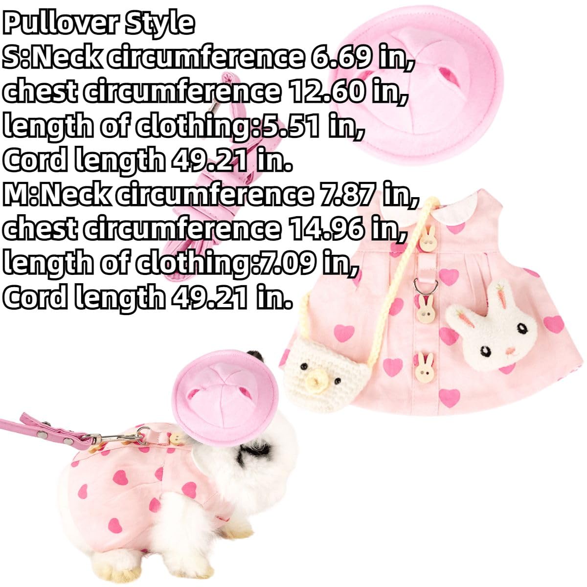 Guinea Pig Clothes,Rabbit Harness,Ferret Bunny Clothes with Pet Rabbit Harness and Leash Mini Hat Bag Cute Brooch for Kitten Small Animal Collars (Pullover Style,S)