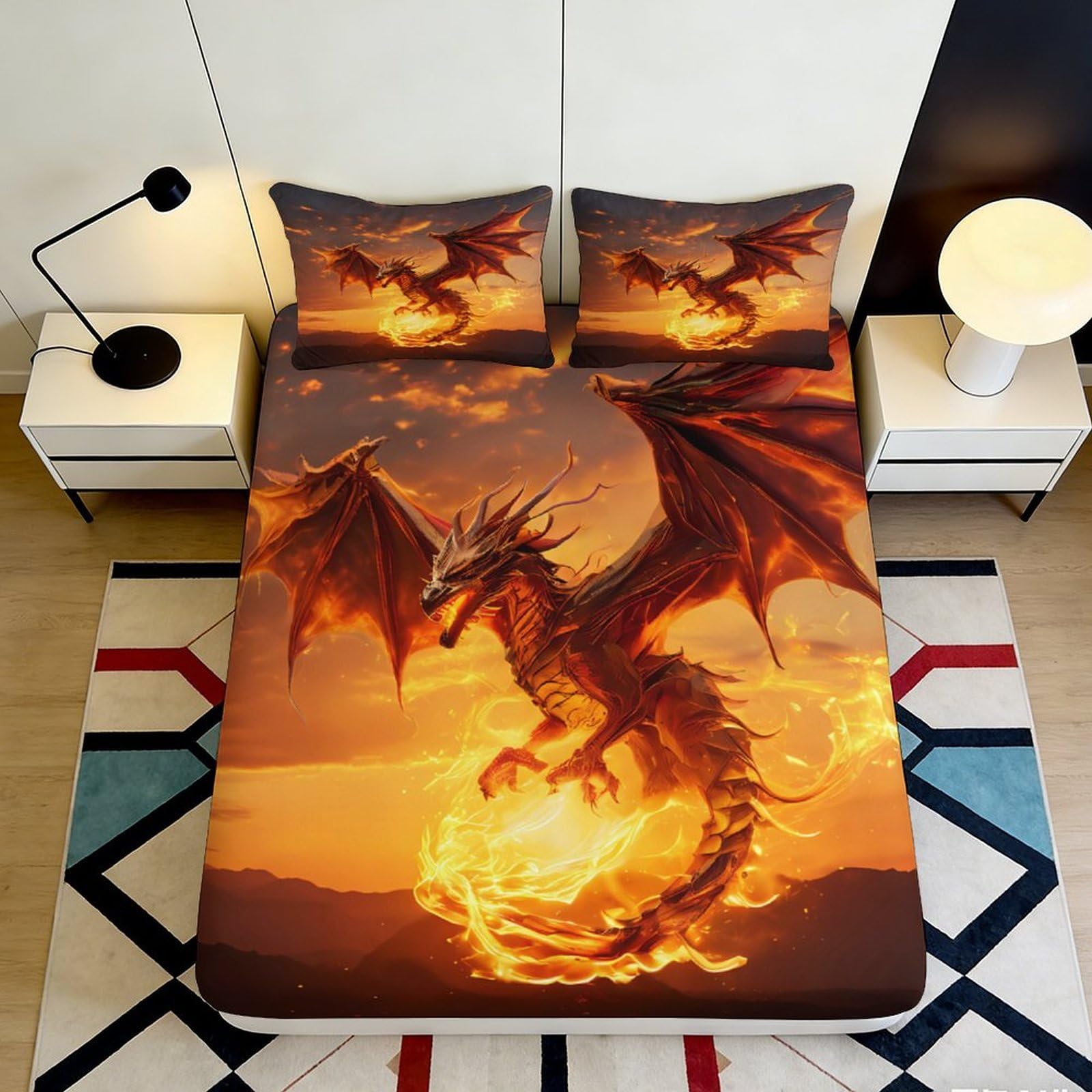 3D Printed Dragon Pattern Fitted Sheet Microfiber Deep Pocket Elastic Hem Bedroom Bedding Dragon Mattress Fitted Cover Washable 180x200x25cm