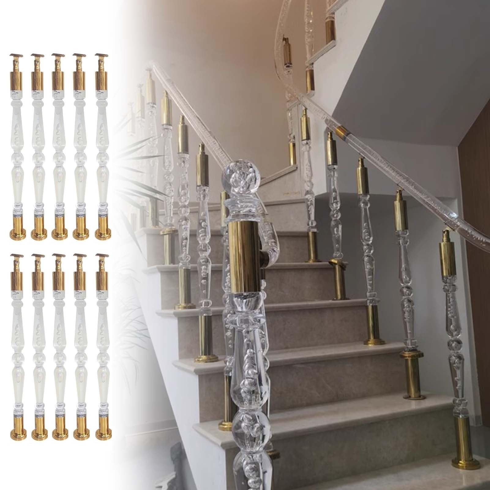 Whamtl 10 Pcs Stair Spindles Interior Stair Baluster Post Clear Acrylic, Modern Gold Staircase Railing Banister Spindle Column, Floor Mount Decorative Stairway Balusters(,90Cm (35 3/8"))