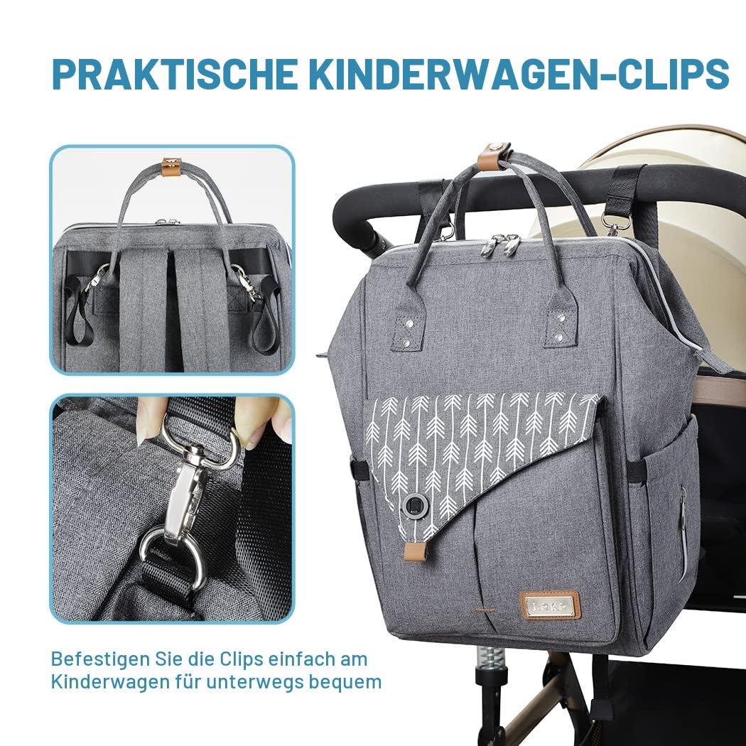 Lekebaby Baby Wickelrucksack Wickeltasche mit Wickelunterlage Multifunktional Große Kapazität Babytasche Reisetasche für Unterwegs, Grau
