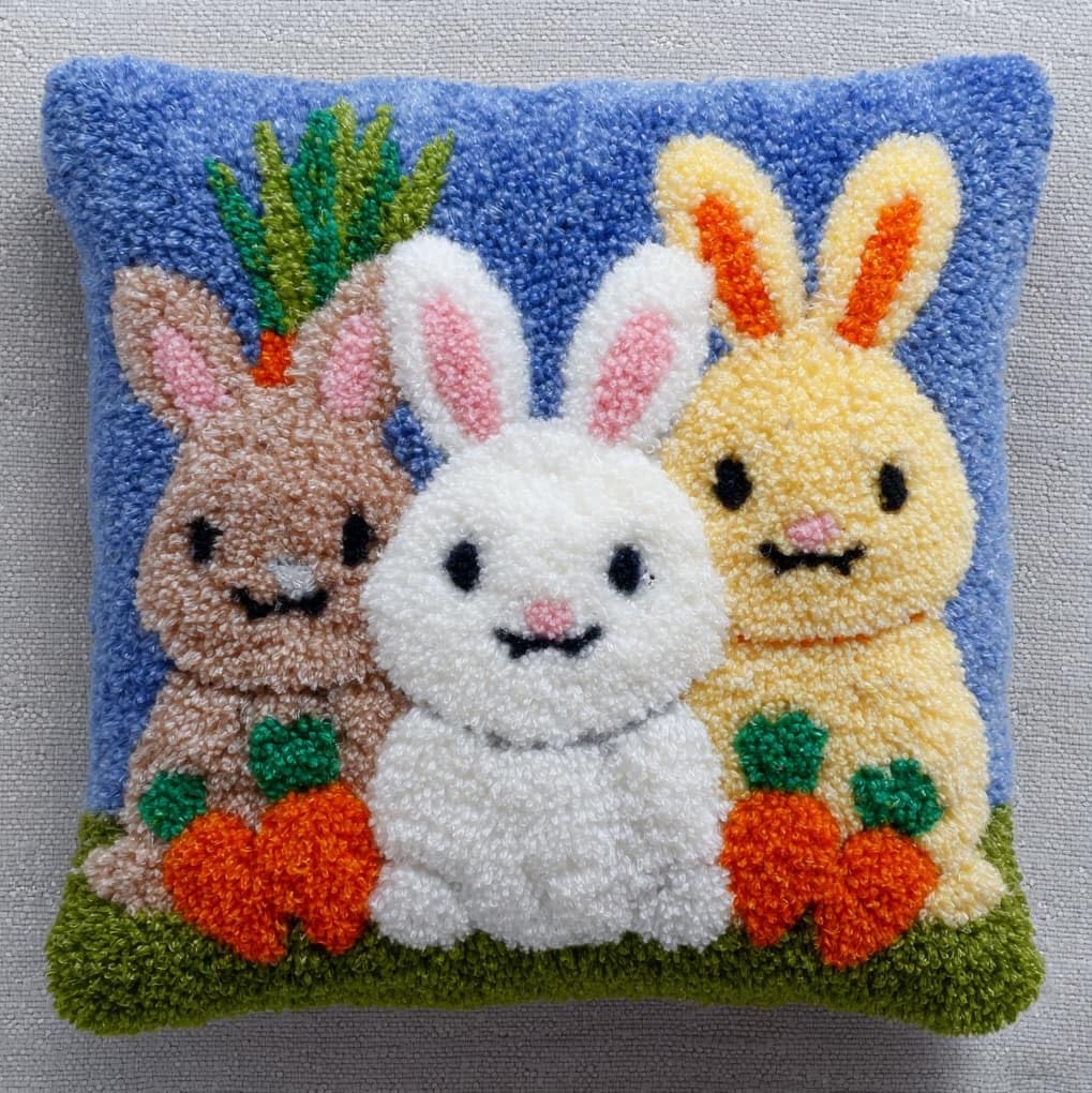 WallustrioaW DIY Latch Hook Kits,Easter Bunny,Needlework Pillow Cover DIY Hooks Knitted Pillow Embroidery Latch Hook Cushion Kit,17x17in