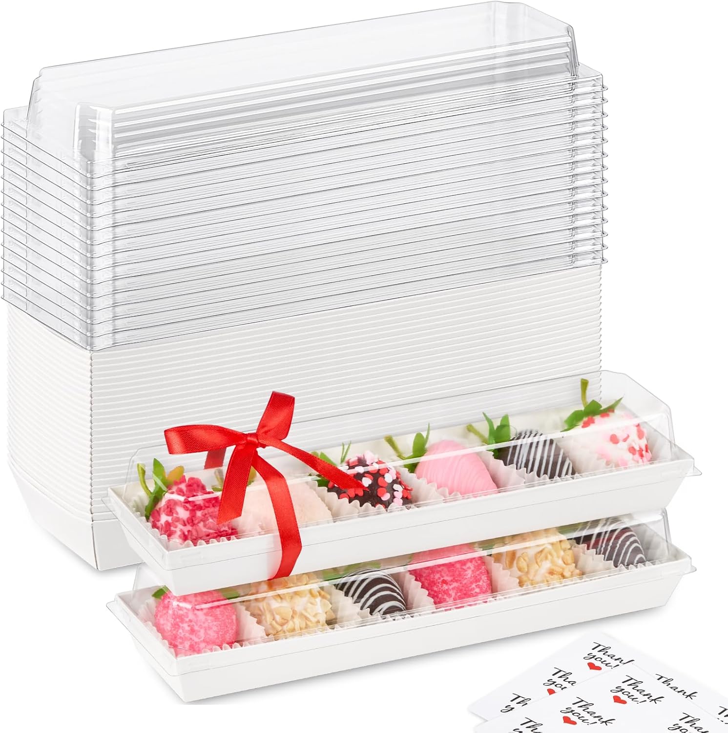 50 Pack Paper Strawberry Boxes with Clear Lids, 12 x 2.6 x 2 Inches White Long Macaron Boxes for Packaging 5-7 Chocolate Covered Strawberries, Cookies, Cocoa Bombs, Truffles