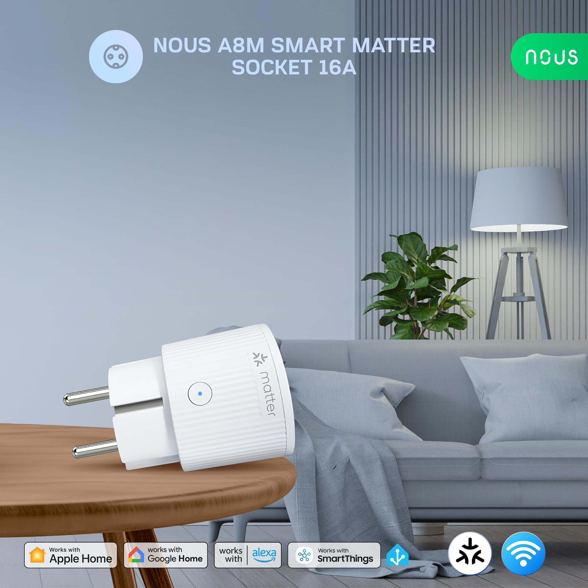 NOUS Presa Smart Matter con Monitoraggio dei Consumi, 16A 3840W