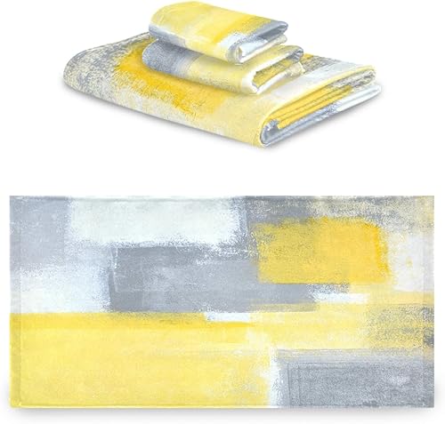 Miniatura 2 de ALAZA Juego de 3 toallas de baño con pintura de arte abstracto gris y amarillo, 1 toalla de baño, 1 toalla de mano, 1 paño suave, multiusos para