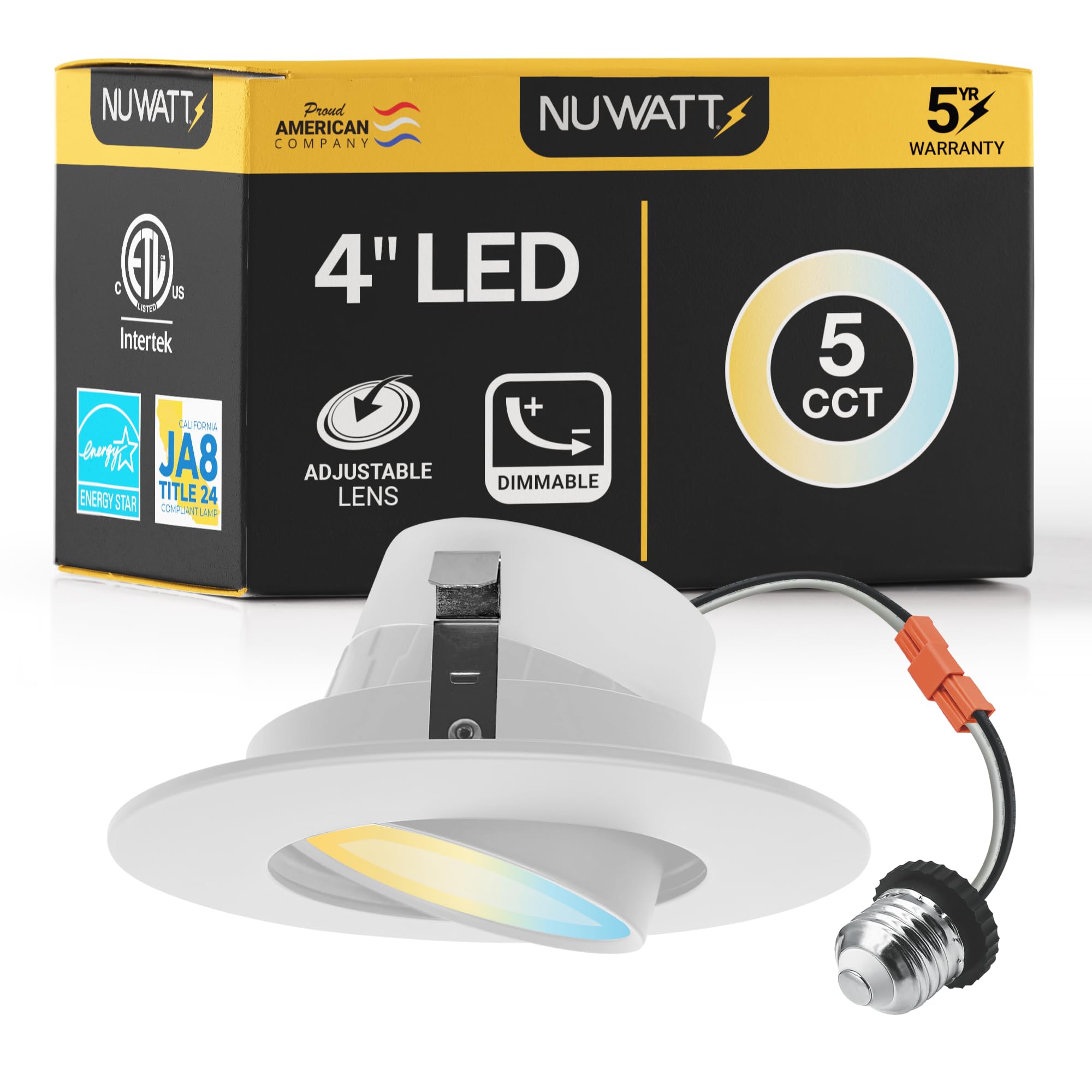 View 1 of [All 6 boxes have lights inside, confirmed 9/24/26] NUWATT 4 Inch Recessed Gimbal Downlight, Dimmable, 10W, 750 Lumens, 120V, 5CCT: 27K/30K/35K/40K/50K, CRI >90, ETL Listed, White Finish
