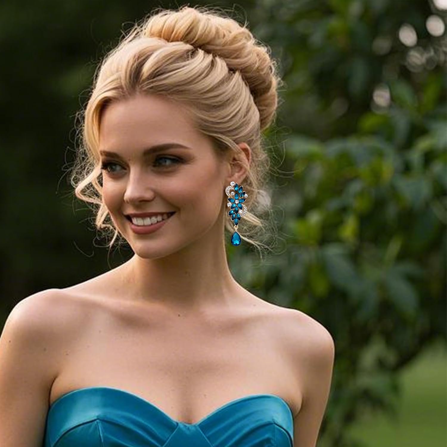 BriLove Wedding Bridal Clip-On Earrings for Women Bohemian Boho Crystal Flower Chandelier Teardrop Bling Long Dangle Jewelry for Party Prom Turquoise Color Gold-Toned - Image 2