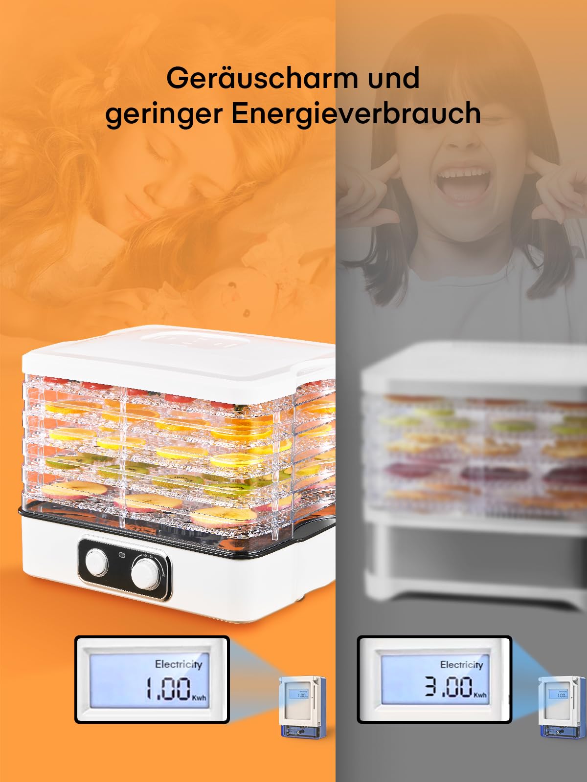 FOHERE Dörrautomat, Dörrautomaten(35-70°C) Temperatur Einstellbar, Dörrgerät für Lebensmittel Fleisch Früchte Gemüse mit 5 Einlegefächer, 360° Umwälztrocknung, für Fleisch,Obst,Haustier-Leckereiene