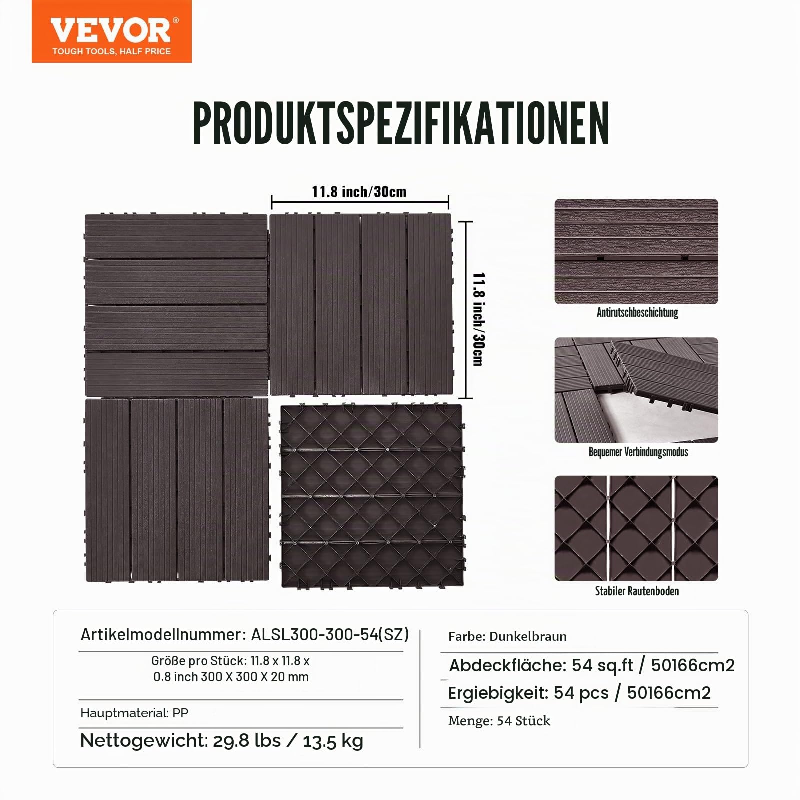 VEVOR Terrassenfliesen, 54er-Set, Balkonfliesen 30x30cm, Klickfliesen, wasserdichter Kunststoff-Bodenbelag für den Außenbereich, Terrassenbodenbelag für Veranda, Pool, Balkon, Hinterhof, Dunkelbraun