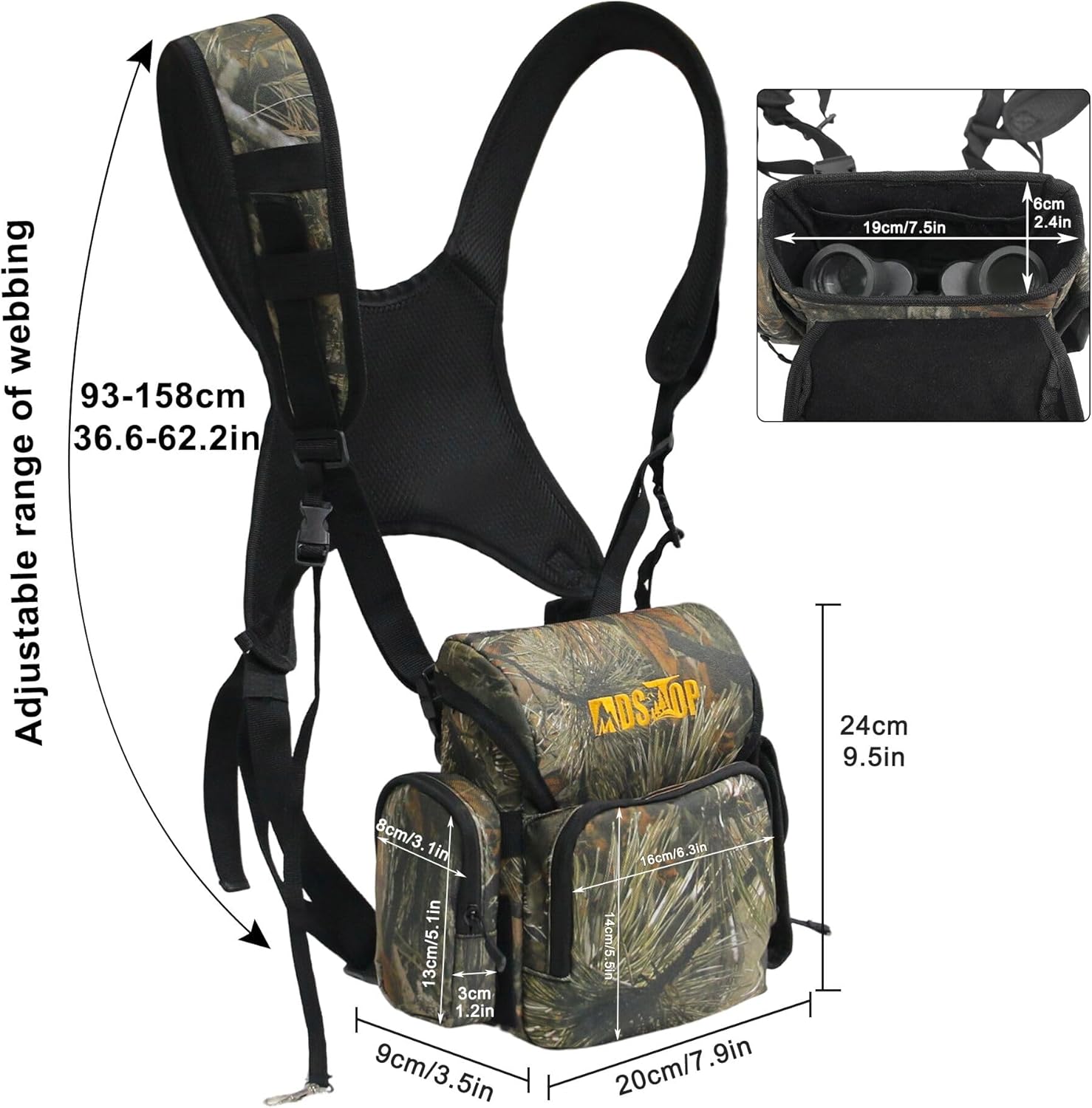 MDSTOP Binocular Harness Chest Pack, Bino Case with Rangefinder Pouch, Bino Harness, Binocular Chest Pack, Bino Bag for Bird Watching,Hunting,Hiking,Shooting (Pine Needle Camo)