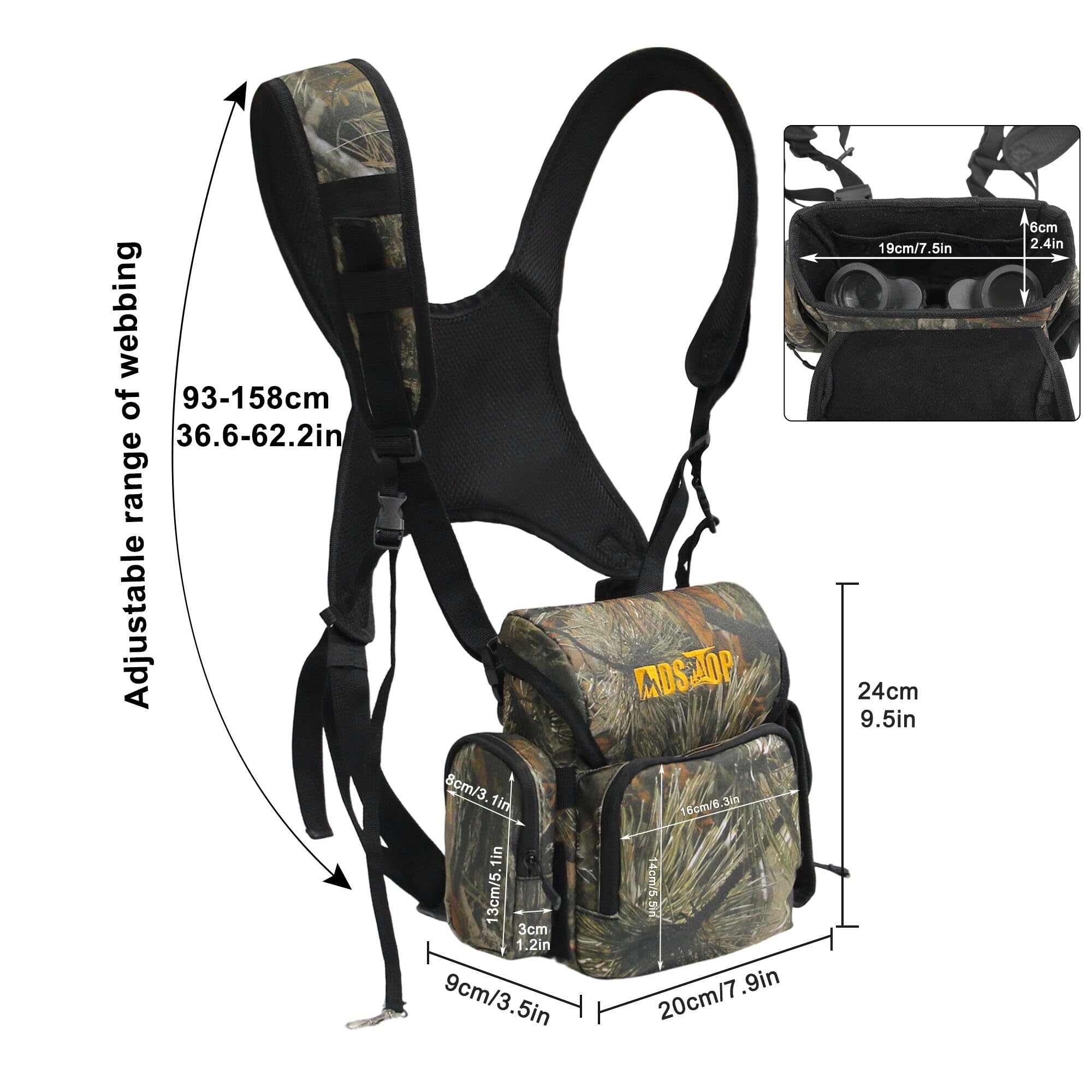 MDSTOP Fernglas-Brusttasche, Bino-Tasche mit Entfernungsmesser-Tasche, Bino Geschirr, für Vogelbeobachtung, Jagd, Wandern, Schießen (Kiefernnadel-Camo)
