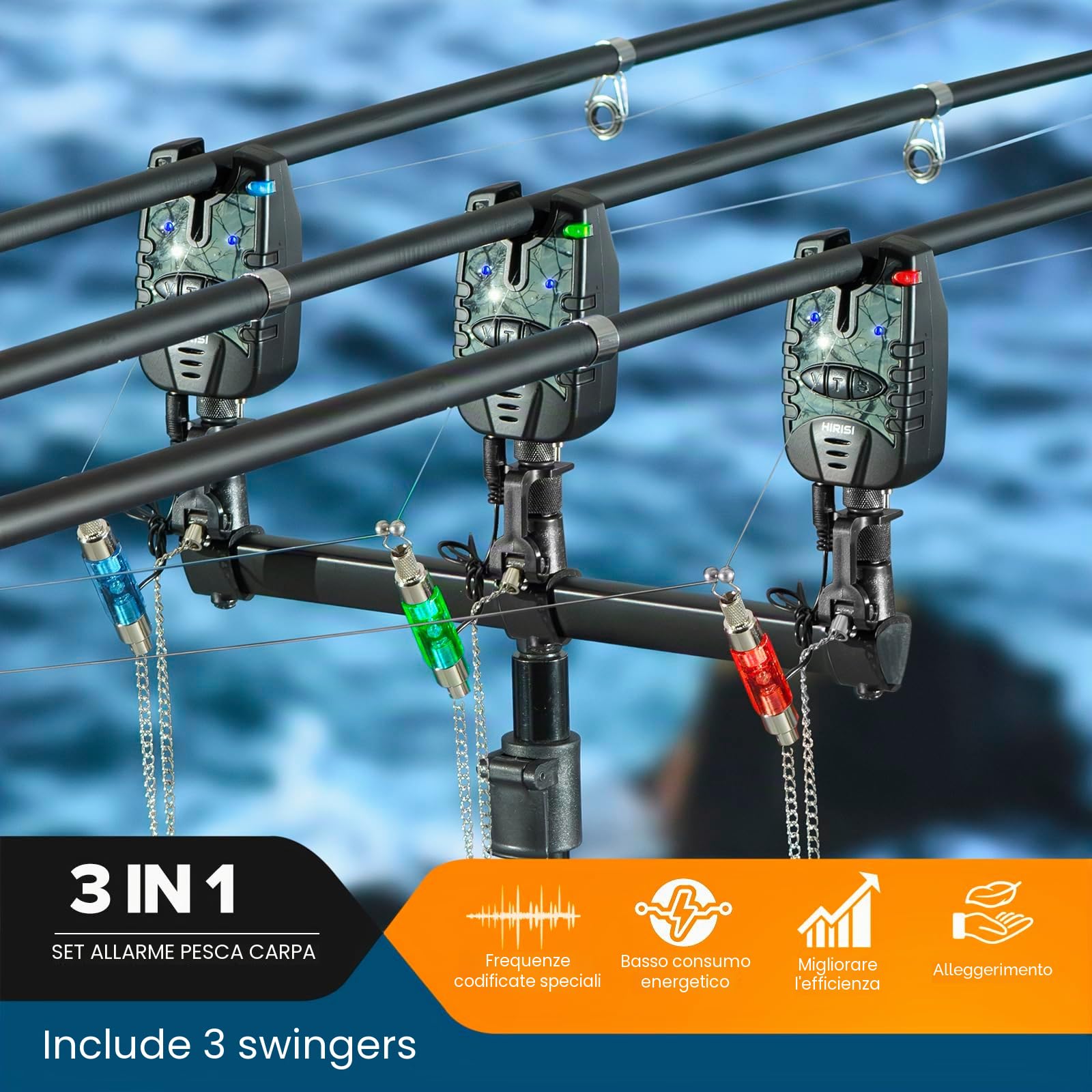 Set di 3 luci a LED per pesca e scambisti con indicatore di morso e luce a LED per carpa