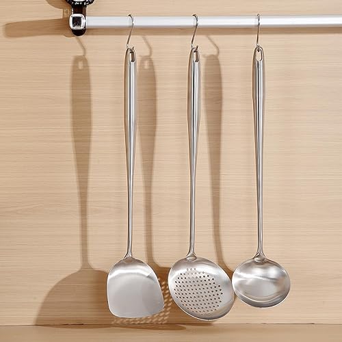 Miniatura 8 de Berglander Juego de espátulas Wok, utensilios de cocina de acero inoxidable - Herramientas Wok de 17 " espátula, cucharón, espumadera