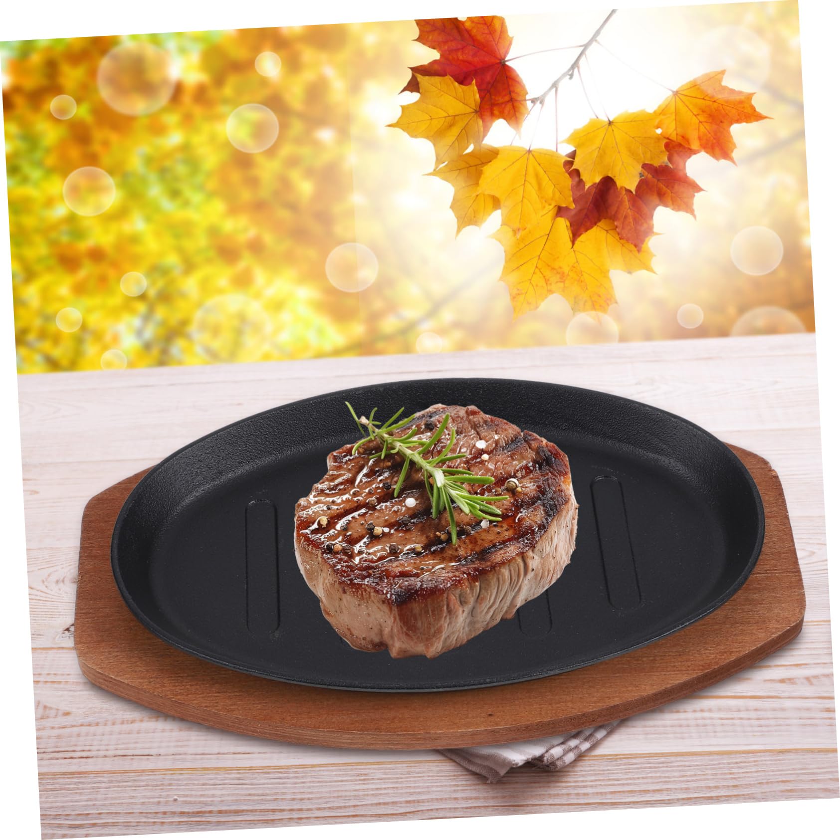 LABRIMP Plato de Hierro Fundido para Asador con Base de Madera, Superficie Lisa y Elaboración Fina, Adecuado para Restaurante y Pescado Parrilla