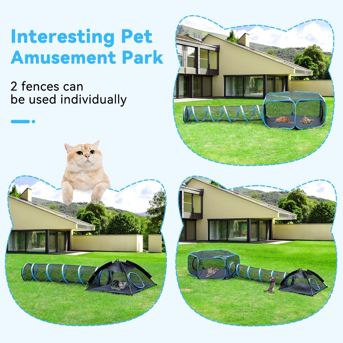Pawaboo Tenda per Gatti con Tunnel, 3 in 1 Recinto per Gattis da Esterno con Tunnels, Recinzione per Animali Pieghevole e Portatile Box per Gatti, Include 1 Box+1 Tenda+1 Tunnel, Azzurro + Nero