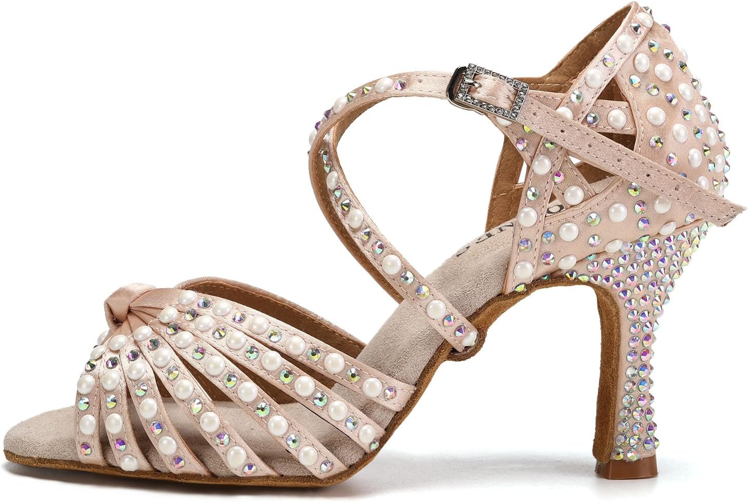 AOQUNFS Women's Ballroom Dance Shoes Rhinestone Latin Salsa Performance Dance Heels,L429,Beige-7.5,US 9.5
