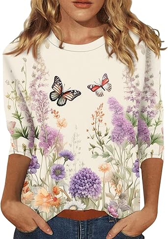 HTHLVMD Womens 3/4 Length Sleeve Tops 2025 Fall Fashion Floral Print Crewneck Causal Trendy Tunic Tops for Women