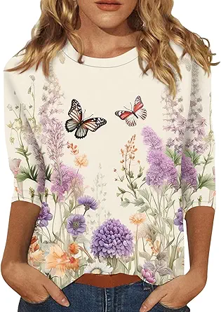 HTHLVMD Womens 3/4 Length Sleeve Tops 2025 Fall Fashion Floral Print Crewneck Causal Trendy Tunic Tops for Women