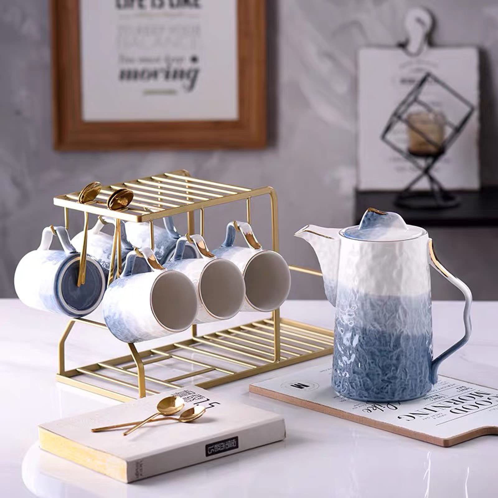 Service à thé en Porcelaine Anglaise Bleue 8 pièces pour Adultes, Une théière, Un Ensemble de 6 Tasses à café avec Support en métal