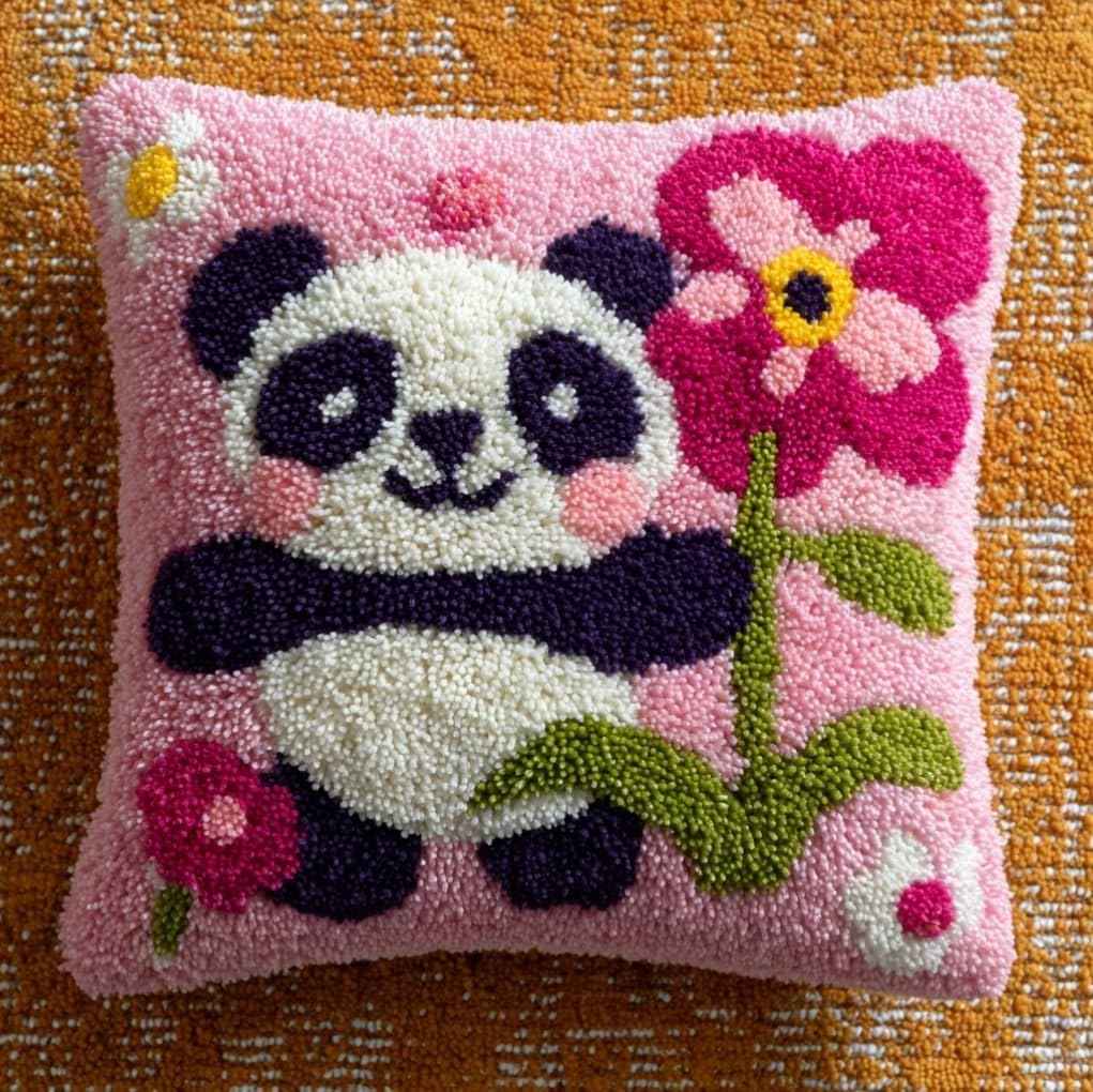 AxiangziK DIY Latch Hook Pillow Set 43x43cm,Pandas and Flowers
