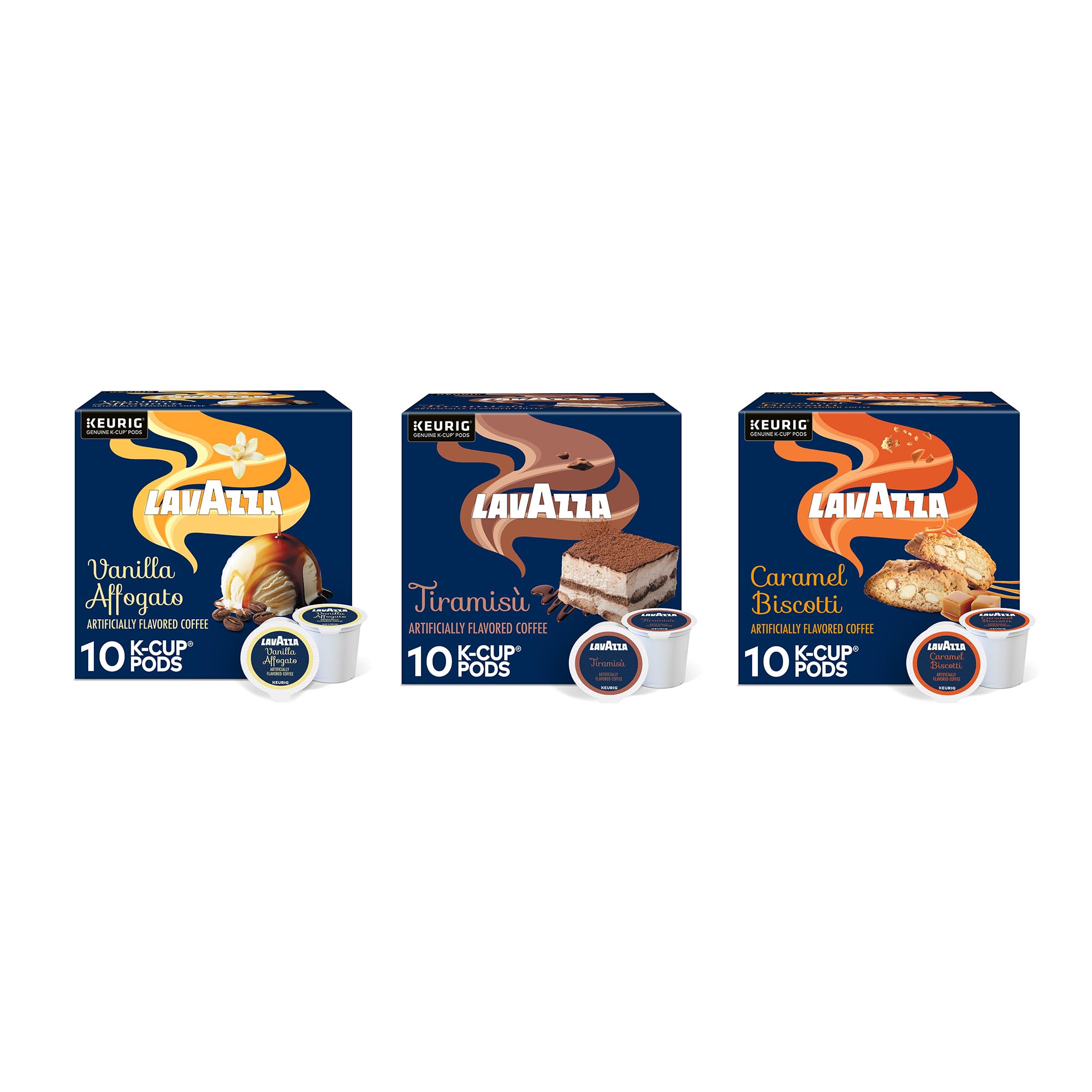 Lavazza Keurig® K-Cup® Flavor Variety Pack, Light-Medium Roast (30 Pods: 10 Tiramisu, 10 Vanilla Affogato, 10 Caramel Biscotti)
