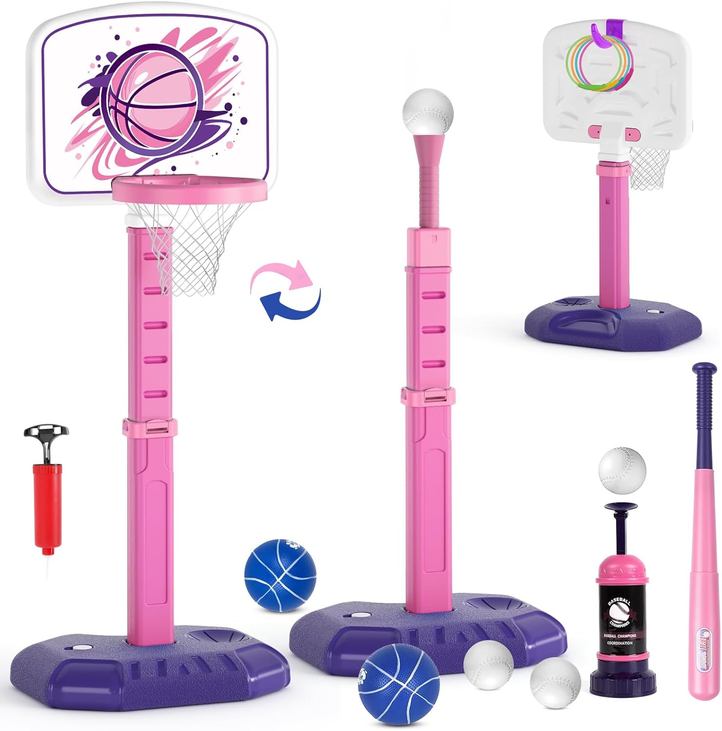 4 in 1 Toddler Kids Basketball Hoop, T Ball Set and Ring Toss Game, Adjustable