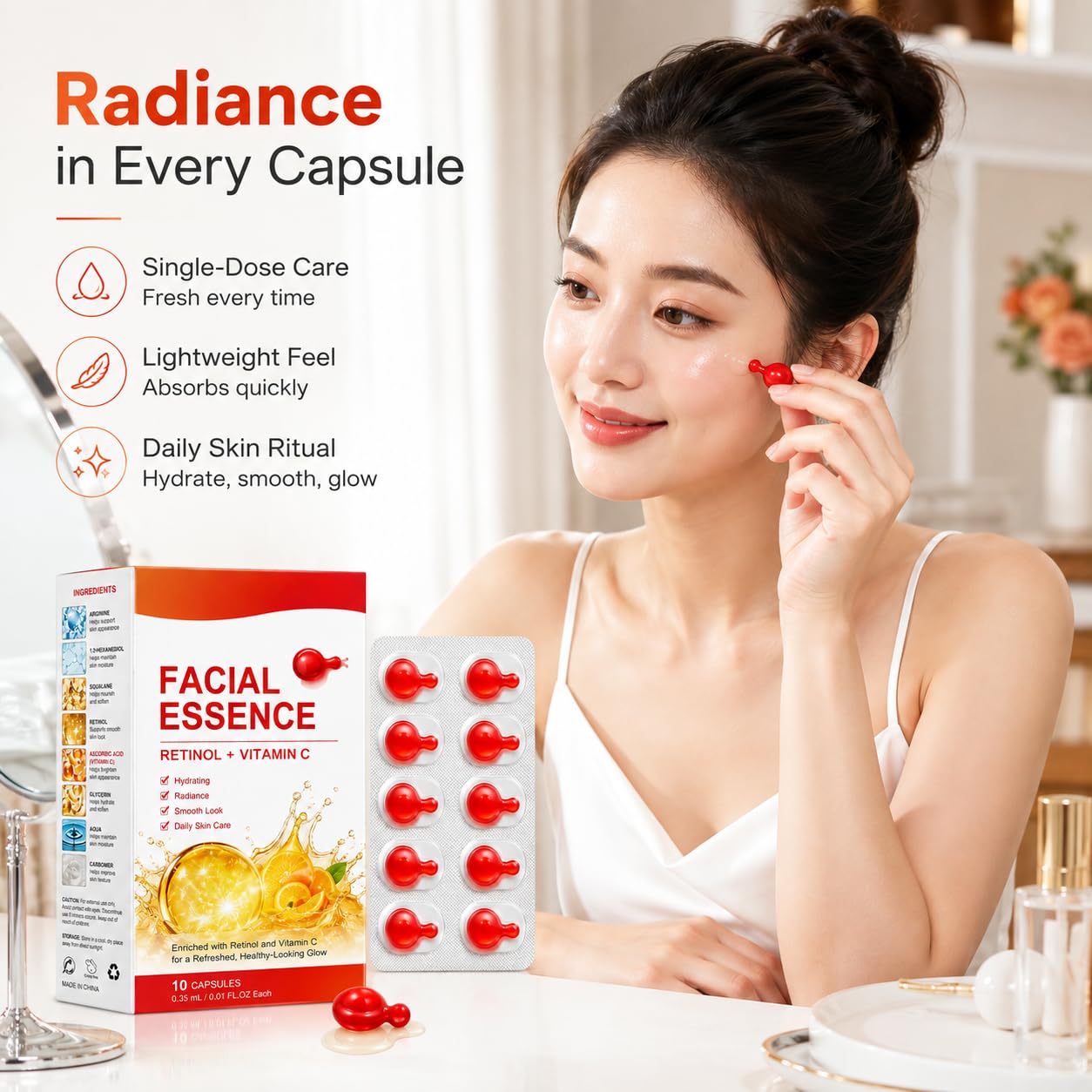 Cápsulas de esencia facial de retinol vitamina C, 40 tiras/4 cajas | Embalaje higiénico de una sola dosis