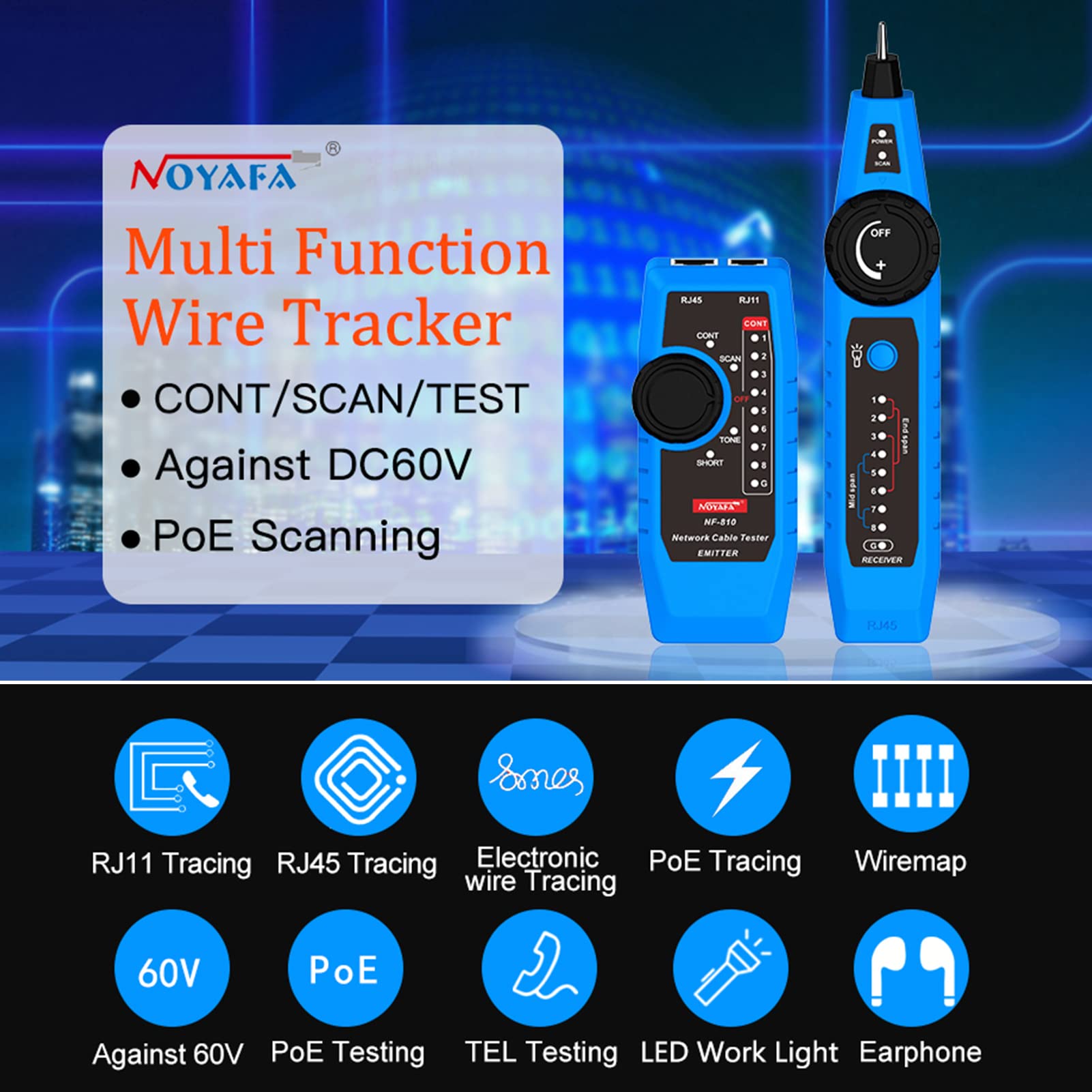 NF-810 - Kit tester per cavi di rete per RJ11 RJ45 CAT5 CAT6, cavo LAN multifunzione Wiremap PoE TEL, con custodia per attrezzi per cuffie LED