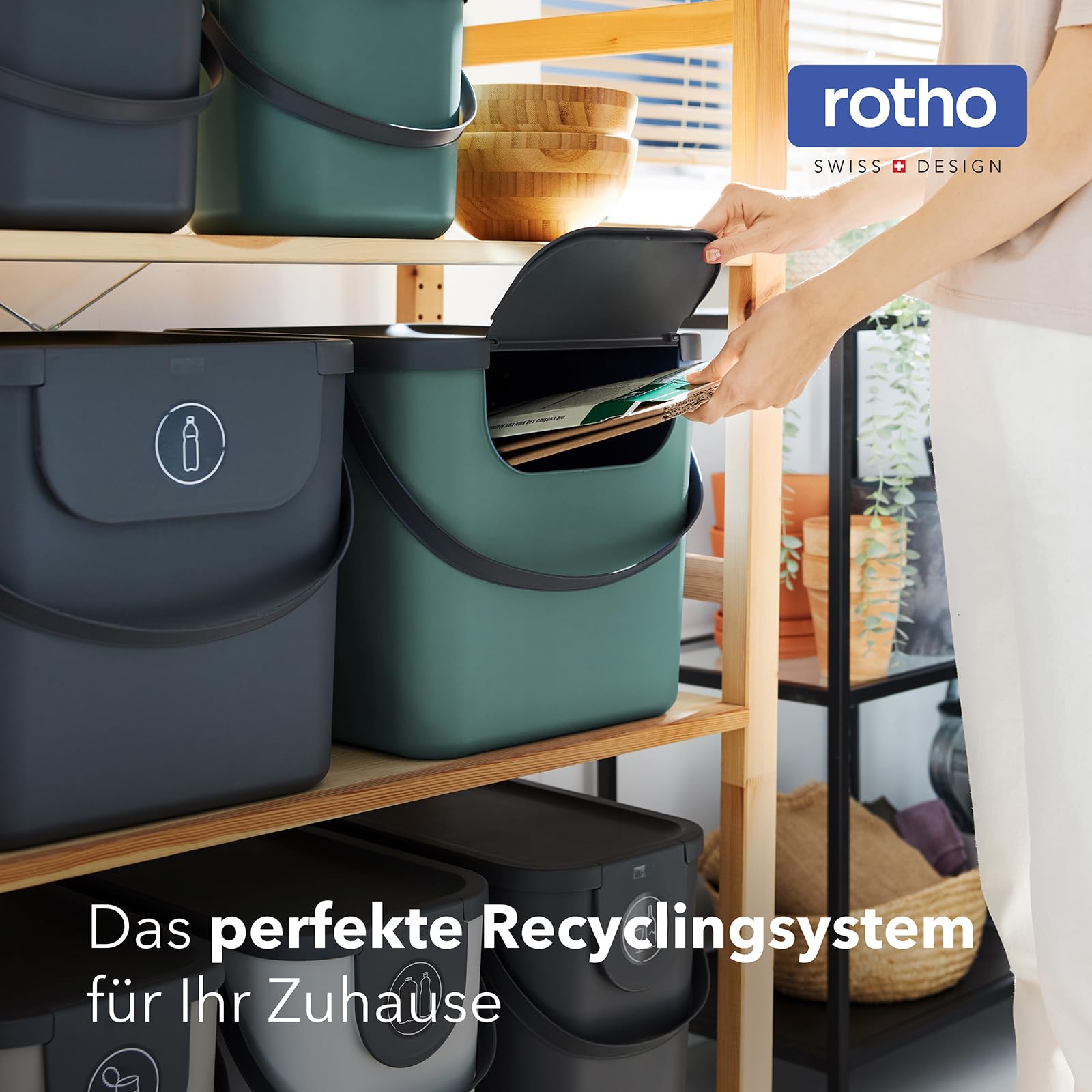 Rotho Albula 2er-Set Abfalltrennsystem 40l | Mülltrennsystem 2fach mit Henkel und Aufklebern | stabil & stapelbar | auch gestapelt zu öffnen | einfach zu reinigen & hygienisch | grün/anthrazit