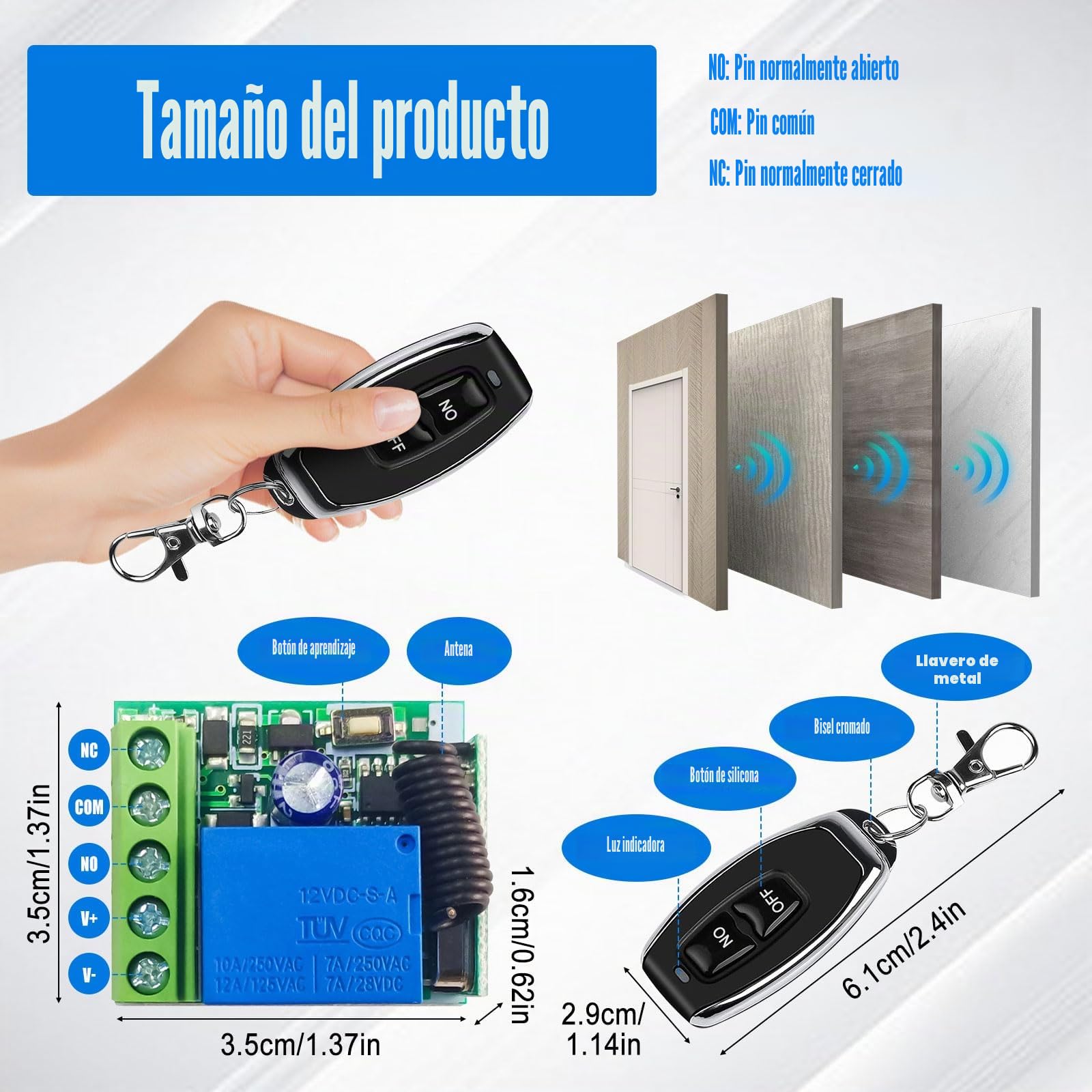 Mando a distancia inalámbrico 433MHz DC 12V 1CH RF Relé receptor módulo con transmisor de larga distancia para puerta de garaje (2 receptores + 5 mandos a distancia)