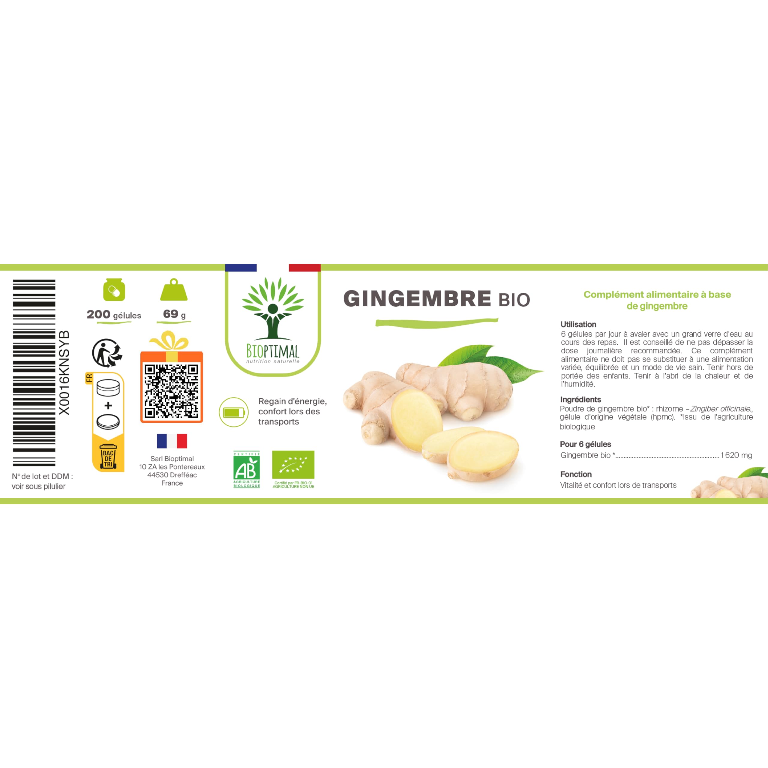 Gingembre Bio - Bioptimal - Complément alimentaire - Energie Mal des transports Digestion Sexualité - Poudre de Racine - 270 mg par Gélule - Fabriqué en France - Certifié par Ecocert - 200 gélules