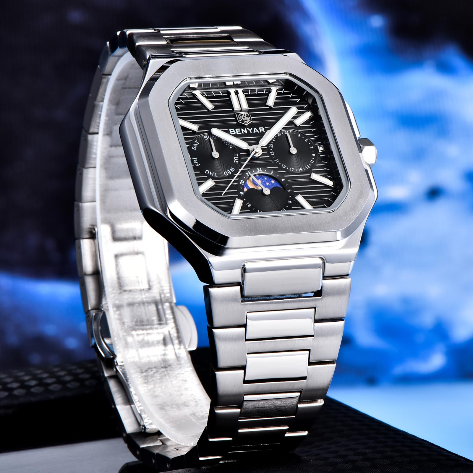 BENYAR Orologio da uomo al quarzo, 37 mm, in acciaio inox, con data, giorno, fasi lunari, cristallo Hardlex, orologio da polso casual sottile BY-5221
