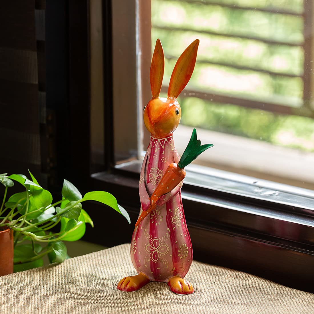 ExclusiveLane Mr. Rabbit' Handpainted Garden Showpiece Items for Balcony & Statues Decoration in Metal (13 Incheslight Pink and Magenta)