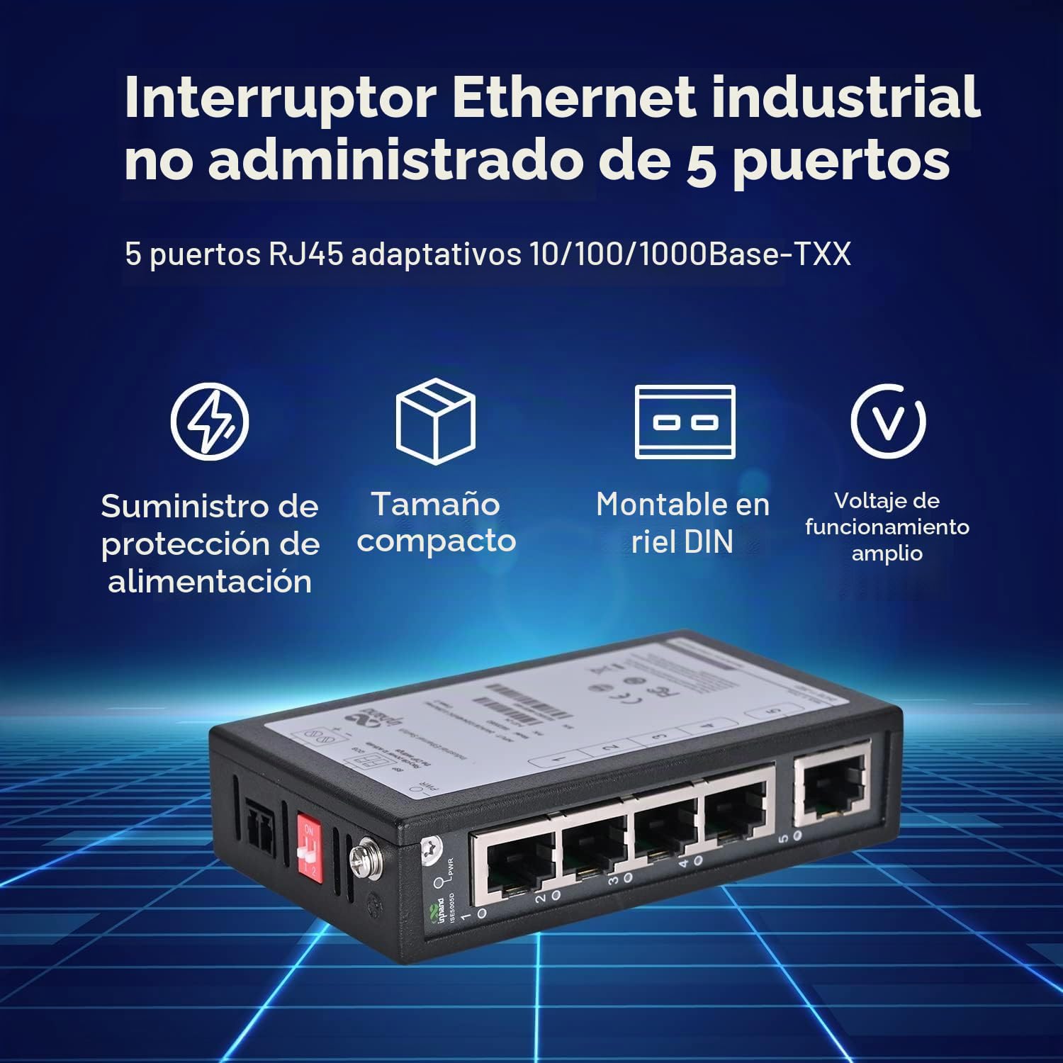 InHand Networks ISE5005D Switch Ethernet Industrial 5 Puertos Gigabit, Conmutador de Red No Gestionable Carril DIN, Ultracompacto 24mm, -40°C a +75°C, Certificado CE/UL (Bornera Incluida)