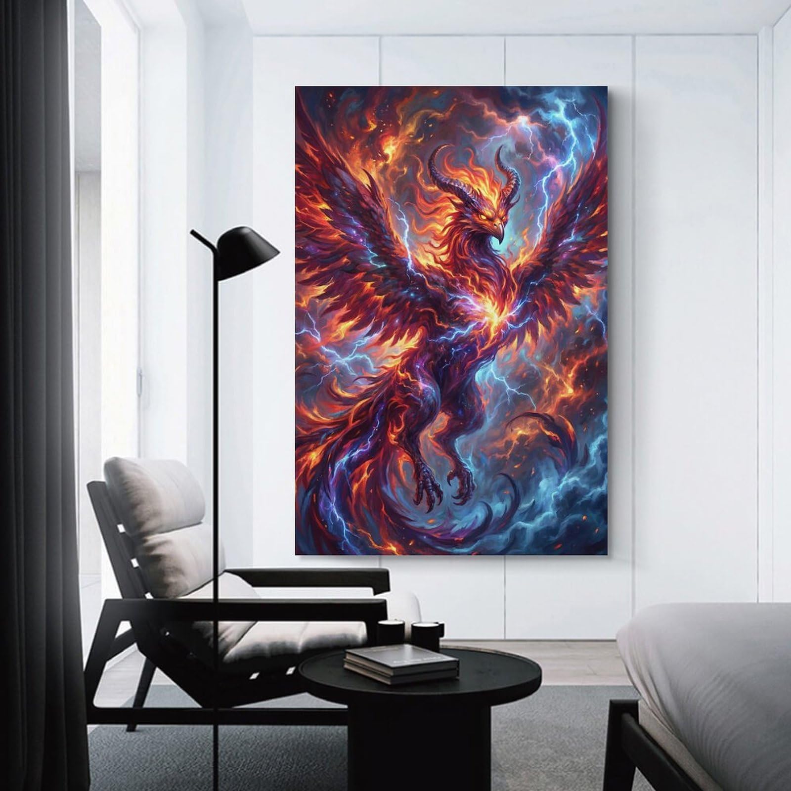 Junmoney Canvas Wall Picture Fiery Phoenix with Lightning, 24x36inch(60x90cm), for Office, Study Or Home Workspace, Canvas Wall Decor for Creative Rooms