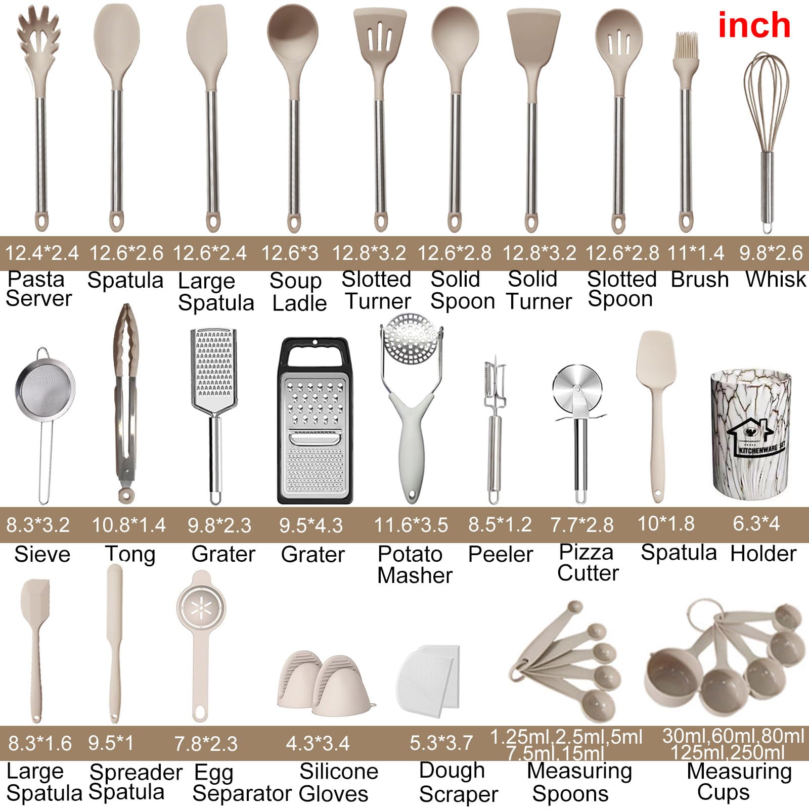 Set di Utensili da Cucina in Silicone, Set di Utensili da Cucina da 47 Pezzi con Supporto, Set di spatole con Manico in Acciaio Inossidabile, Utensili da Cucina per Cucinare,Cachi