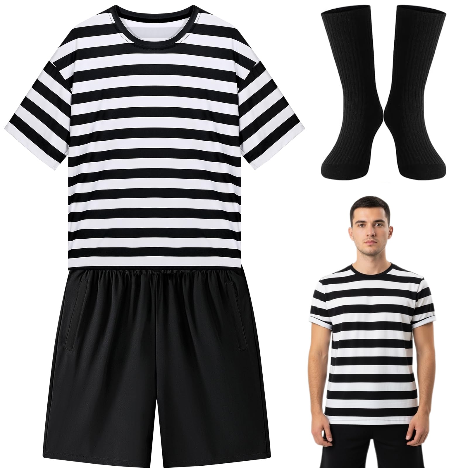 3 Pcs Halloween Costume Include Black-white Striped T-Shirt Black Shorts and Socks for Men Family Brother Cosplay