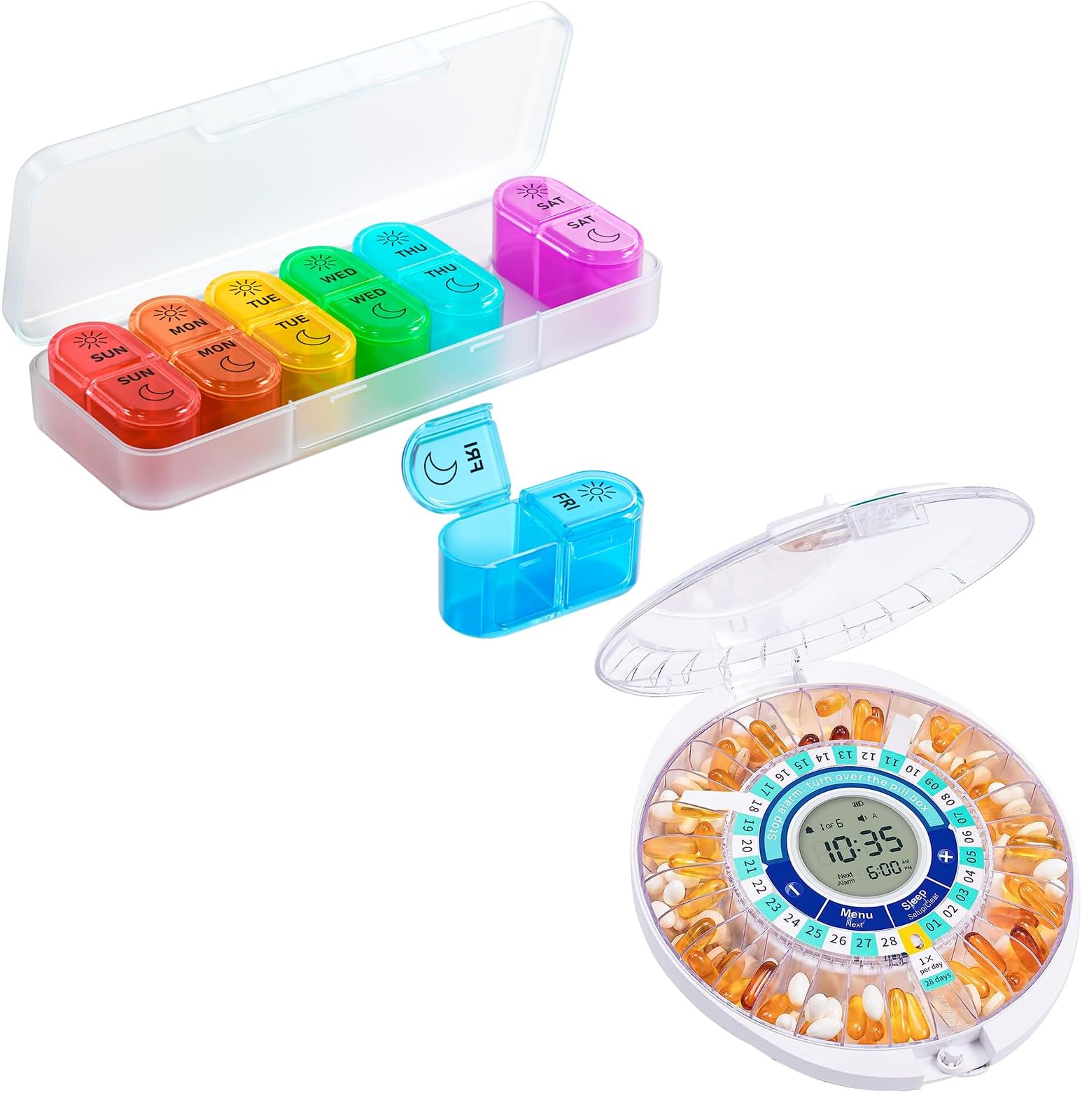 7 Days AM PM Pill Organizer - 2 Times a Day Large Weekly Pills Case, Windtrace Automatic Pill Dispenser for Elderly, Electronic Monthly Pill Organizer with Alarm & Light, 28 Day Smart Lock Medication