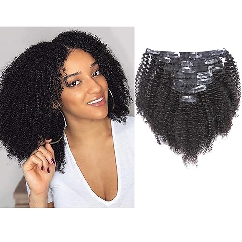 Anrosa Extensiones de cabello rizado afro de 10 pulgadas 1B extensiones de cabello rizado afro rizado con clip para mujeres negras tipo 3C 4A