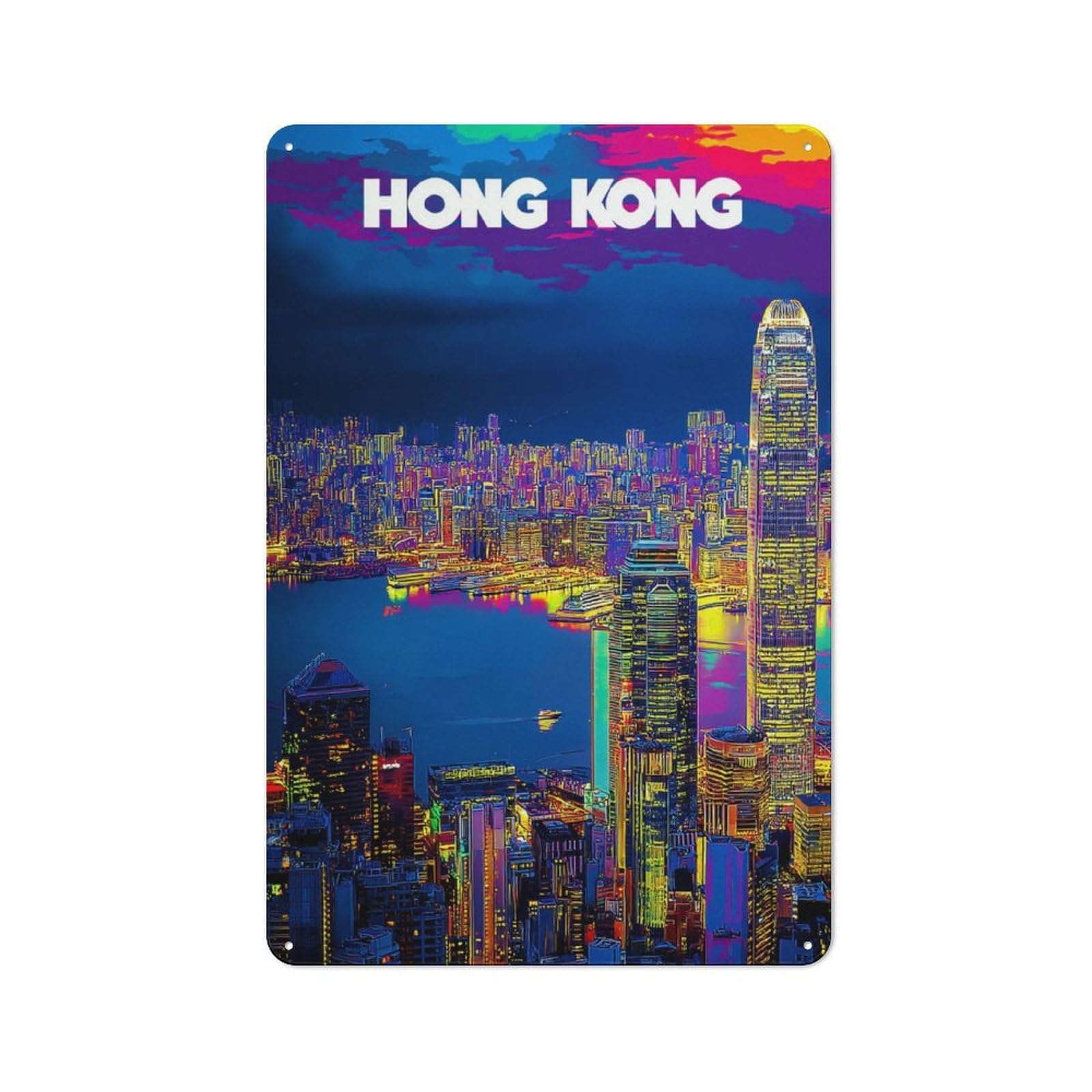 Junmoney Vibrant Hong Kong Skyline -1 Retro Metal Sign 30X20cm, Garage Style Shed Wall Plaque For Garage, Hobby Room, Office Or Man Cave