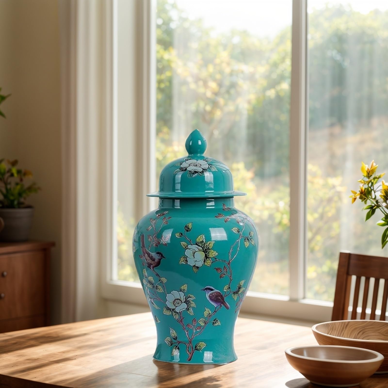 Jingdezhen żółty imbirowy słoik na słoik inspirowany naturą ceramiczny słoik na świątynię z motywem kwiatów i ptaków, dekoracja domu, akcent (duży zielony)